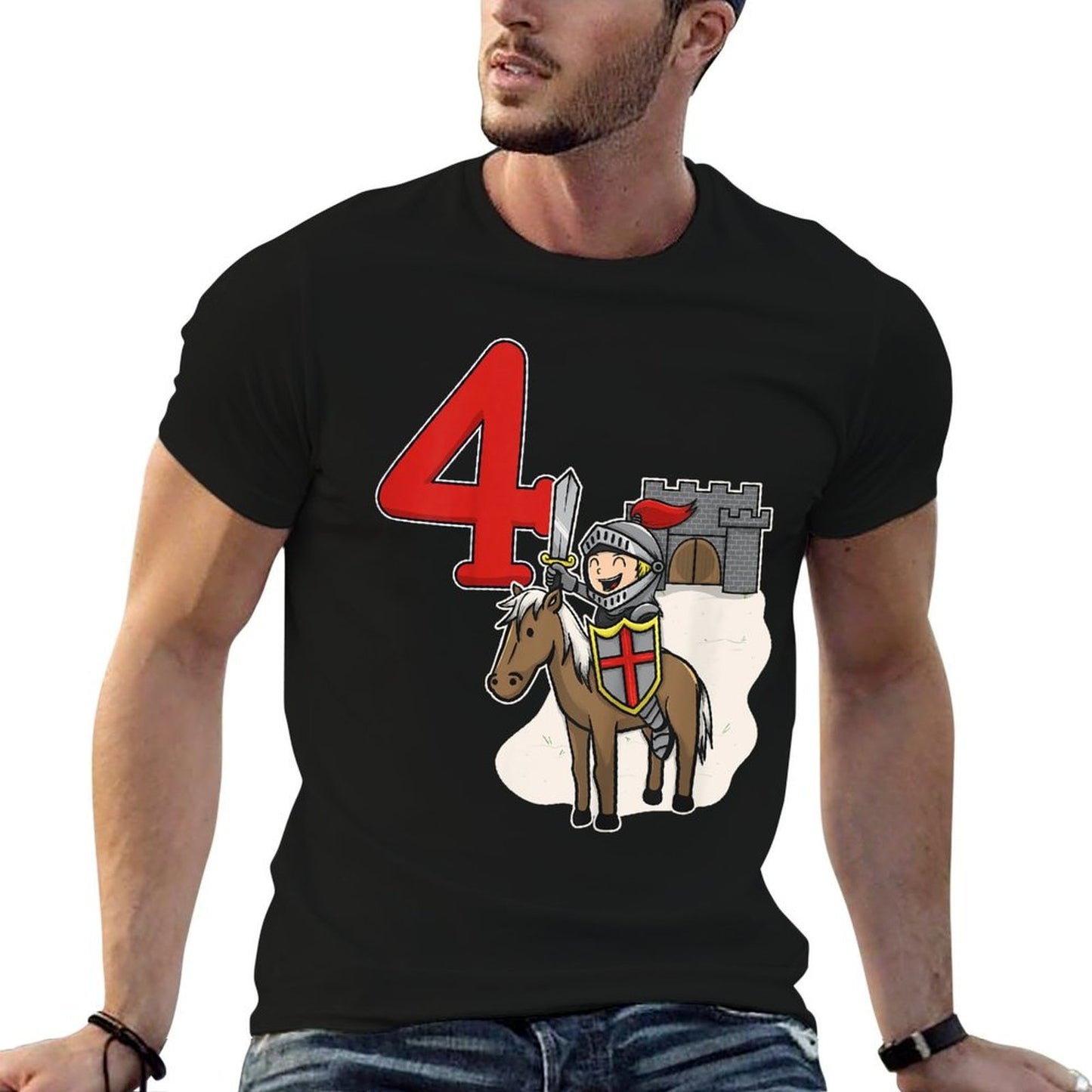 Kids Knight 4th Birthday - Castle And Number 4 Graphic-printed T-Shirt