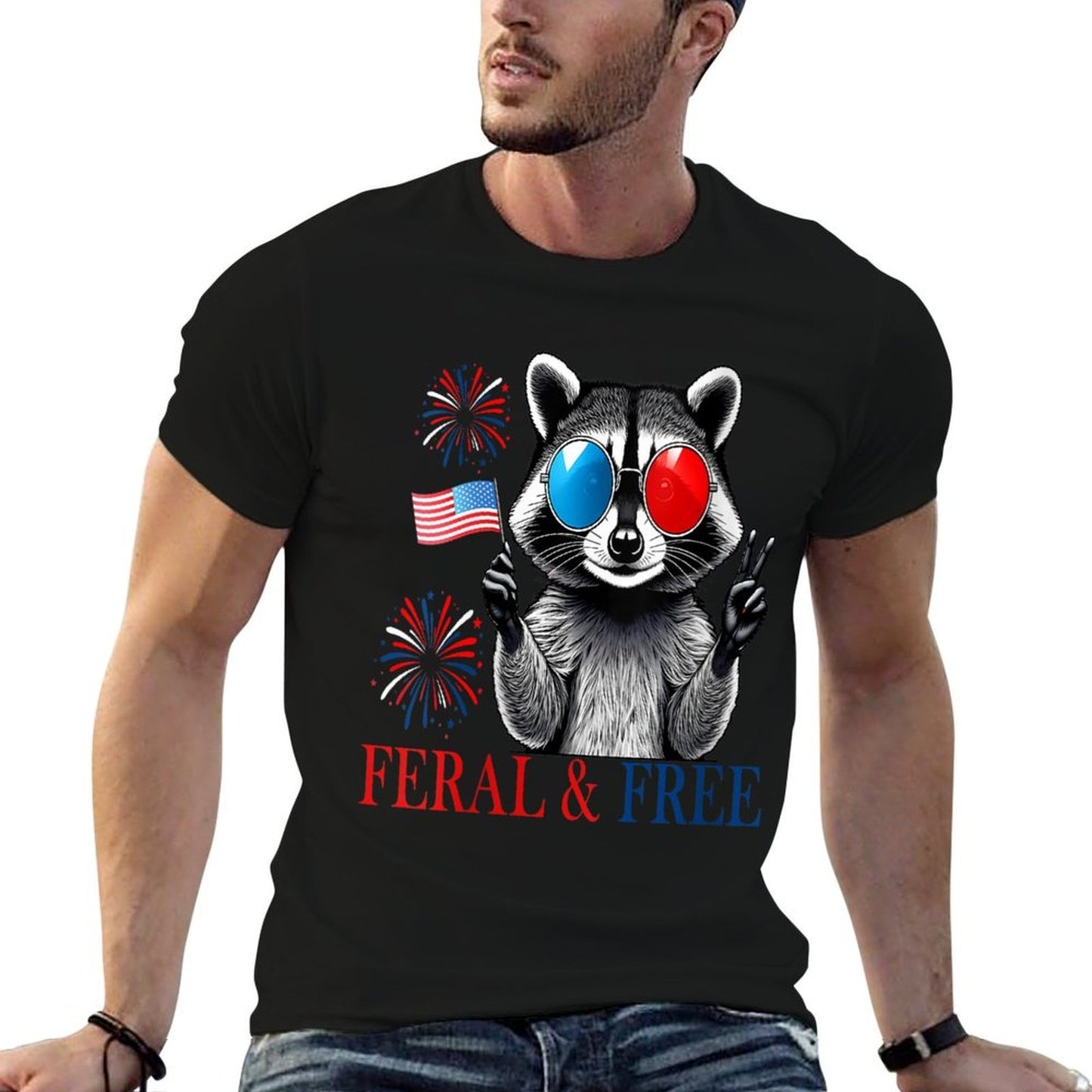 Womens Patriotic Racoon Feral And Free Funny 4th of July Look  Ribbed Collar T-Shirt