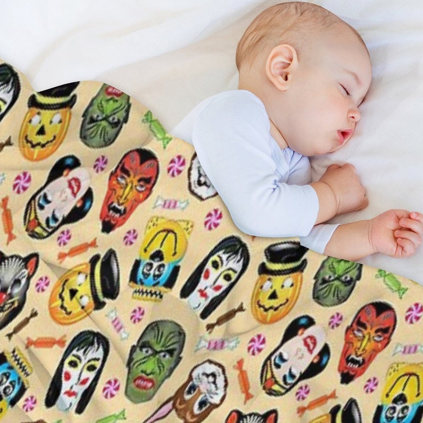 Vintage Halloween Masks And Hard Candy Sustainable Throw Blanket