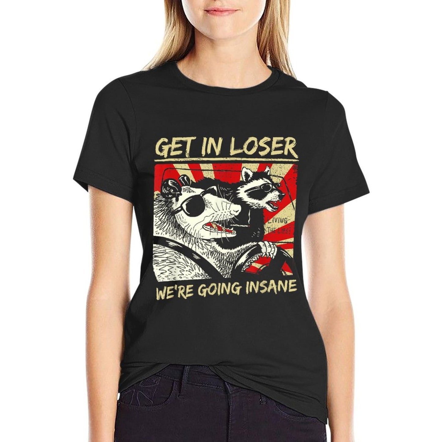 Get In Loser We’re Going Insane Funny Raccoon Opossum Meme Oversized Silhouette T-Shirt