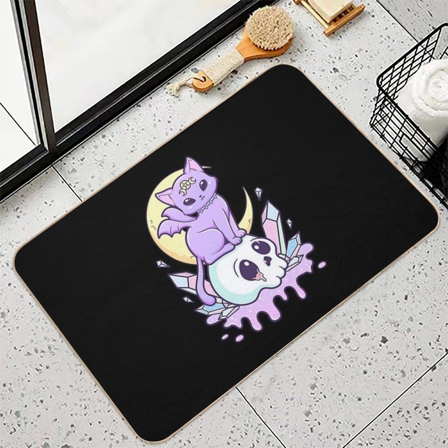 Kawaii Pastel Goth Cute Creepy Occult Cat And Skull Stain-Proof Bath Mat