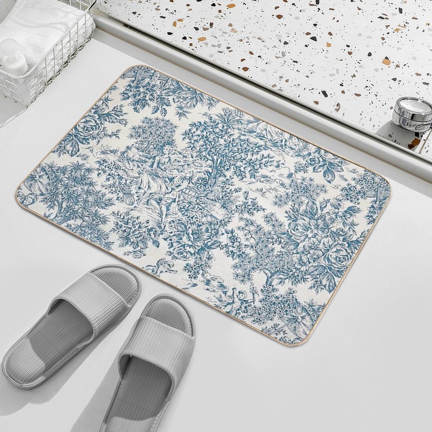 Powder Blue Romantic Flowers French Toile Design Absorbent Bath Mat