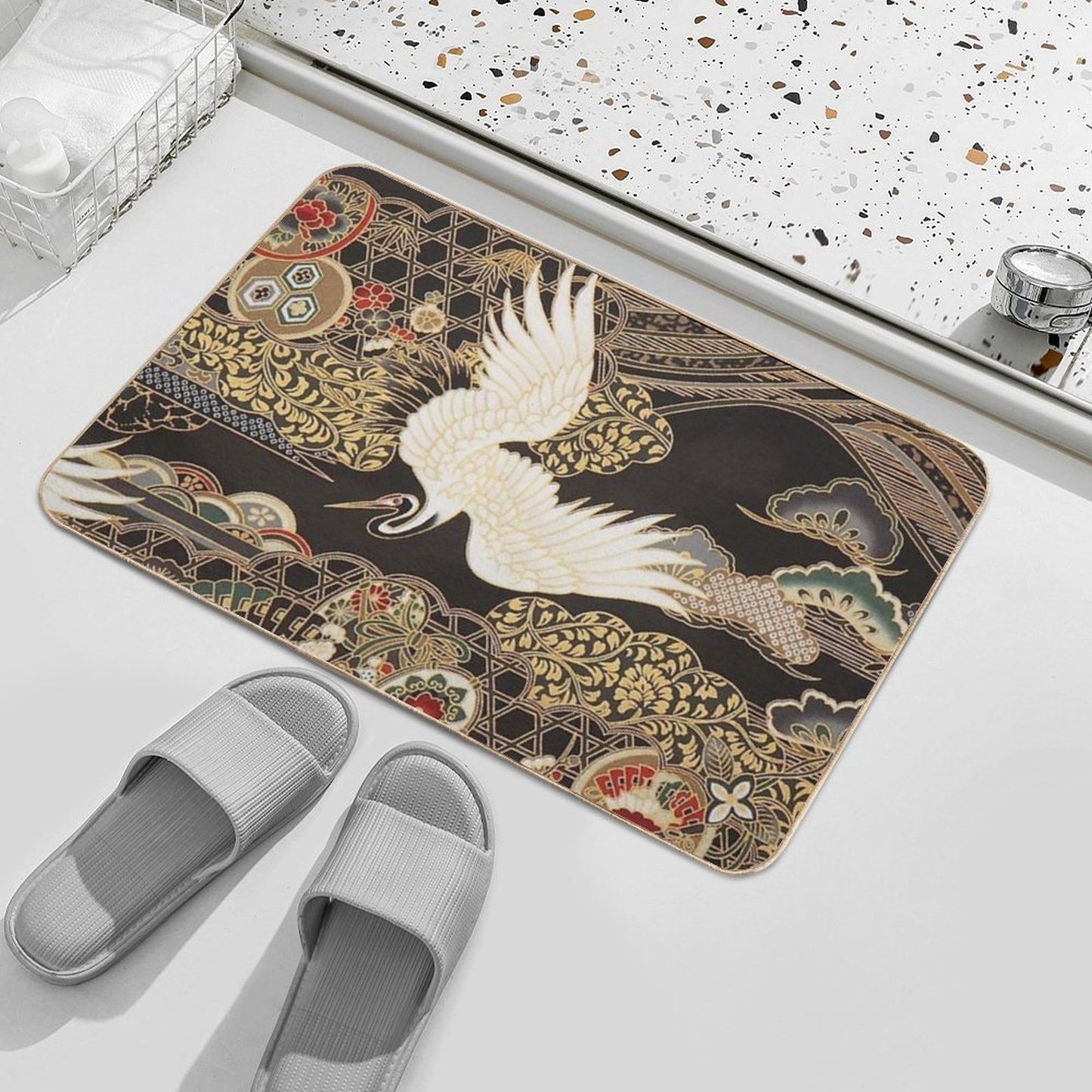 VintageJapanese Cranes Gold And Black Slip-Resistant Bath Mat