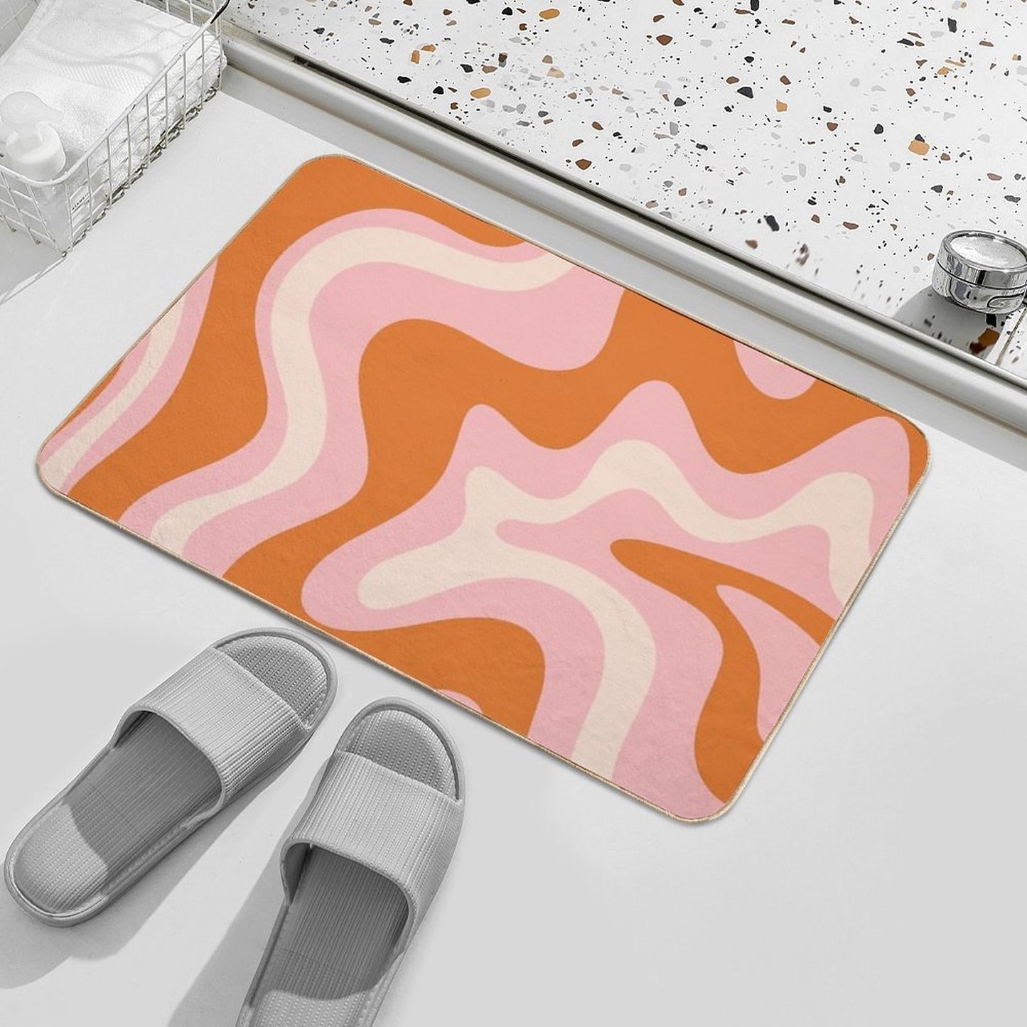 Liquid Swirl Retro Modern Abstract Pattern in Orange Pink Cream Non-Slip Bath Mat