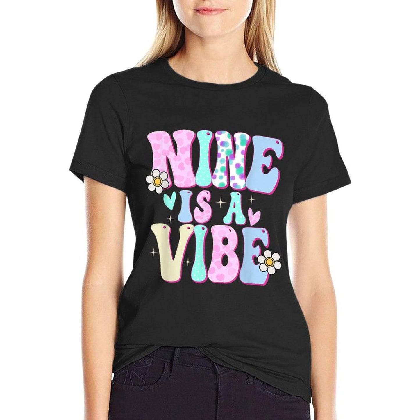 Nine Is A Vibe Girl Gifts 9th Birthday 9 Year Old Soft T-Shirt