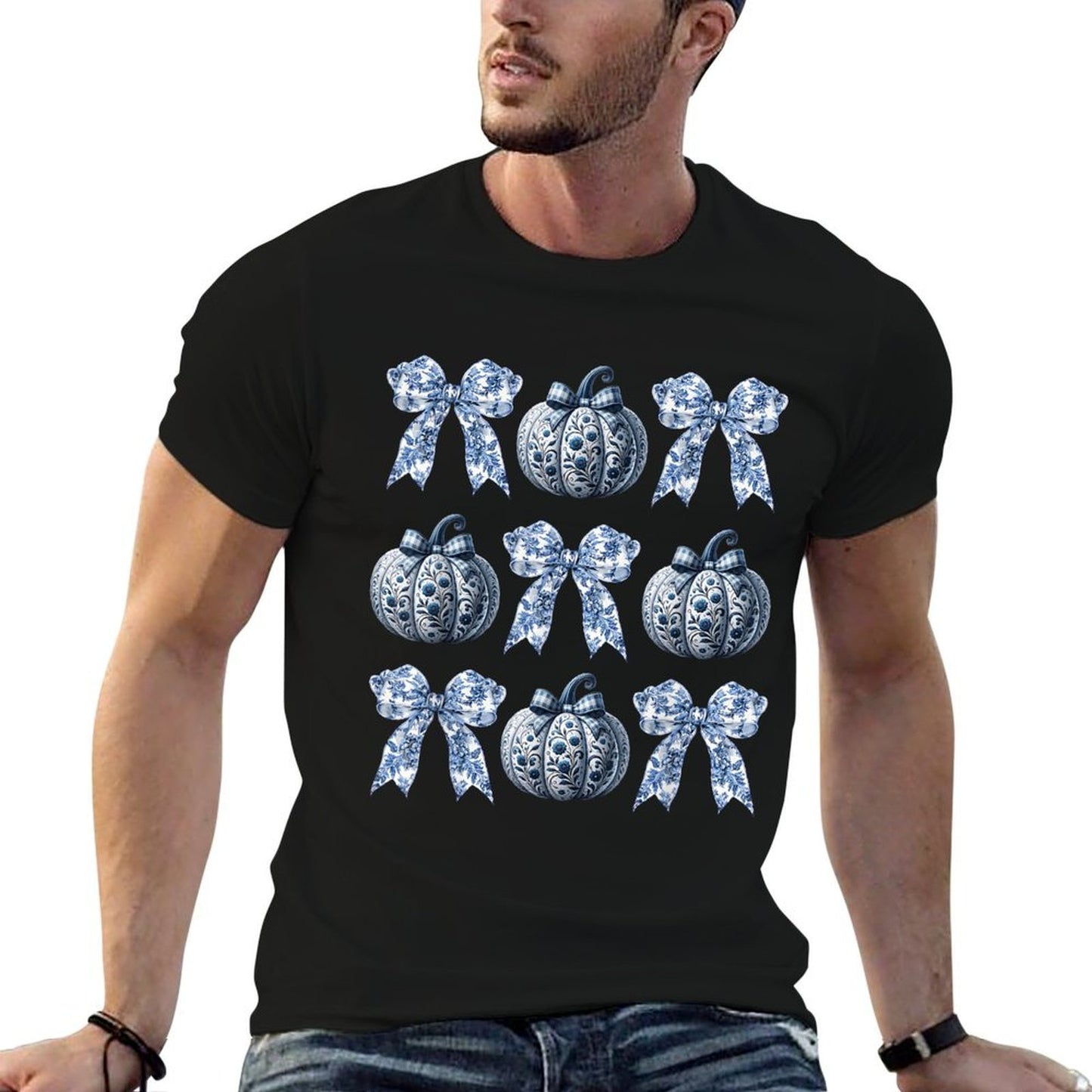 Blue And White Pumpkins Chinoiserie With Bow Fall Halloween Affordable Price T-Shirt