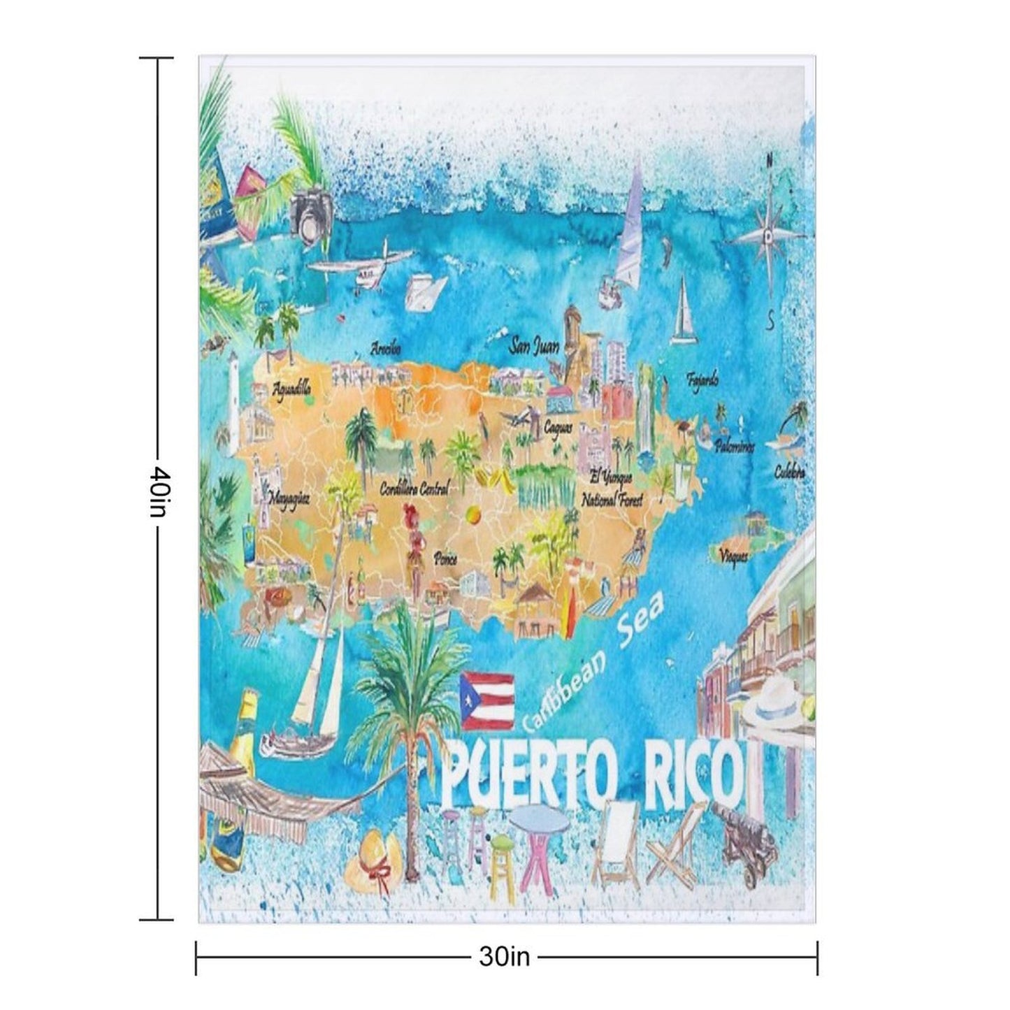 Puerto Rico Islands Illustrated Travel Map with Roads And Highlights Shrink-resistant Throw Blanket