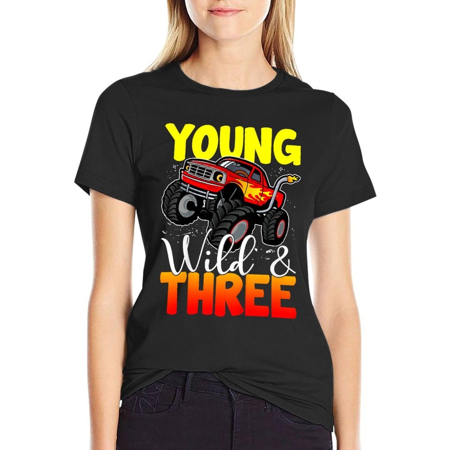 Kids Young Wild Three 3rd Birthday Boy Monster Truck 3 Years Old Ribbed Collar T-Shirt
