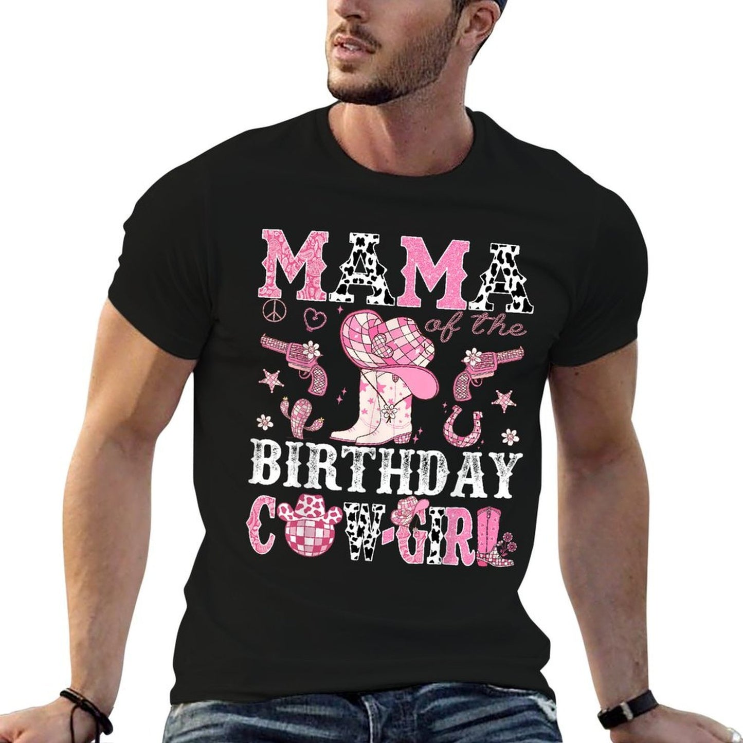 Mama Of The Birthday Cow-Girl Pink Disco Rodeo Western Cotton T-Shirt