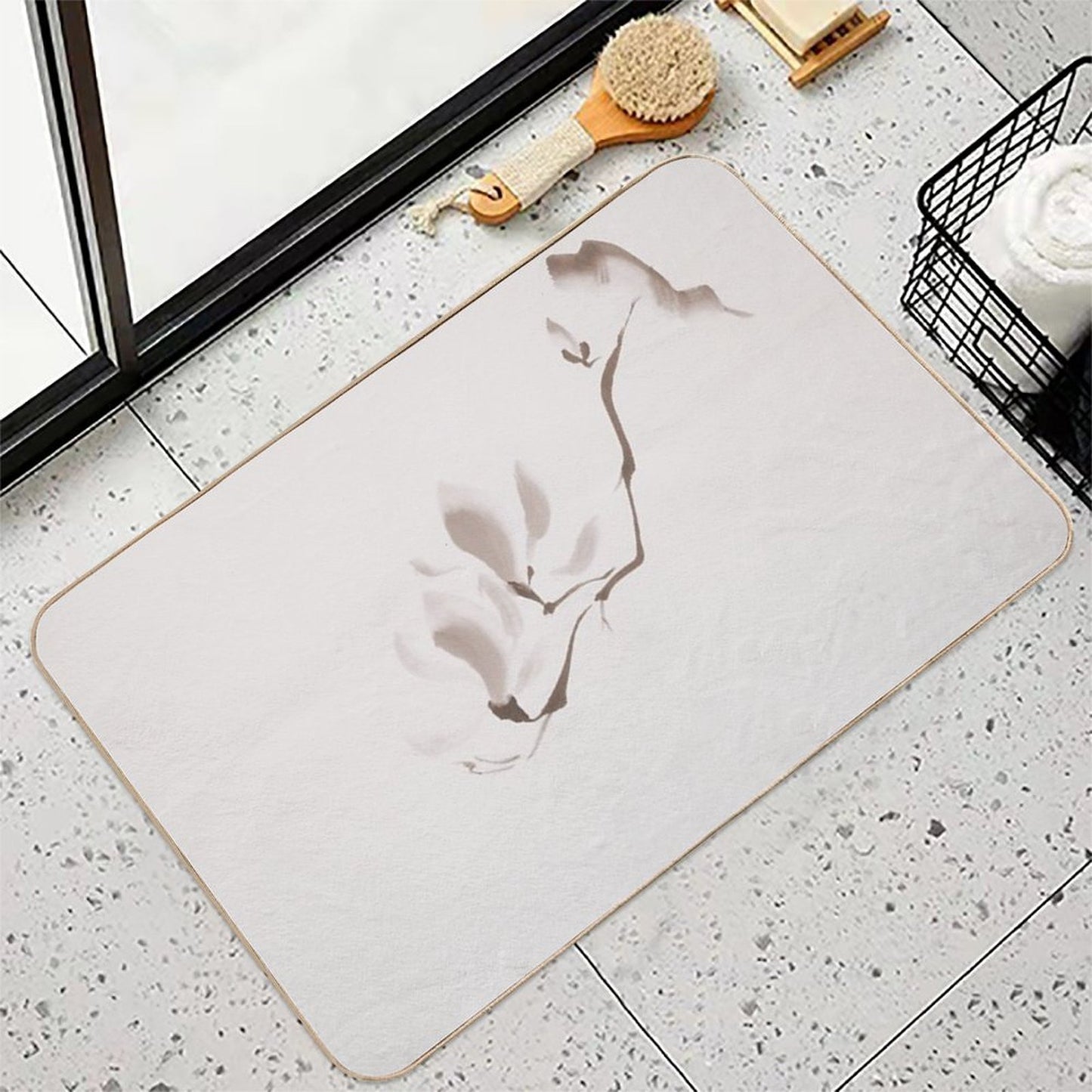 Elegant Magnolia Branch Japanese Zen Floral Illustration on Light Beige Background Art Print Easy To Clean Bath Mat