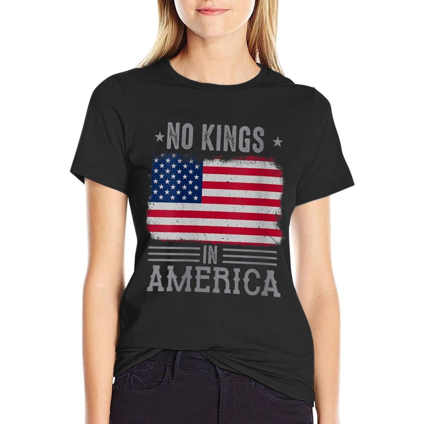 Womens No Kings in America Flag Protest Save Democracy Slim-fit Cut T-Shirt