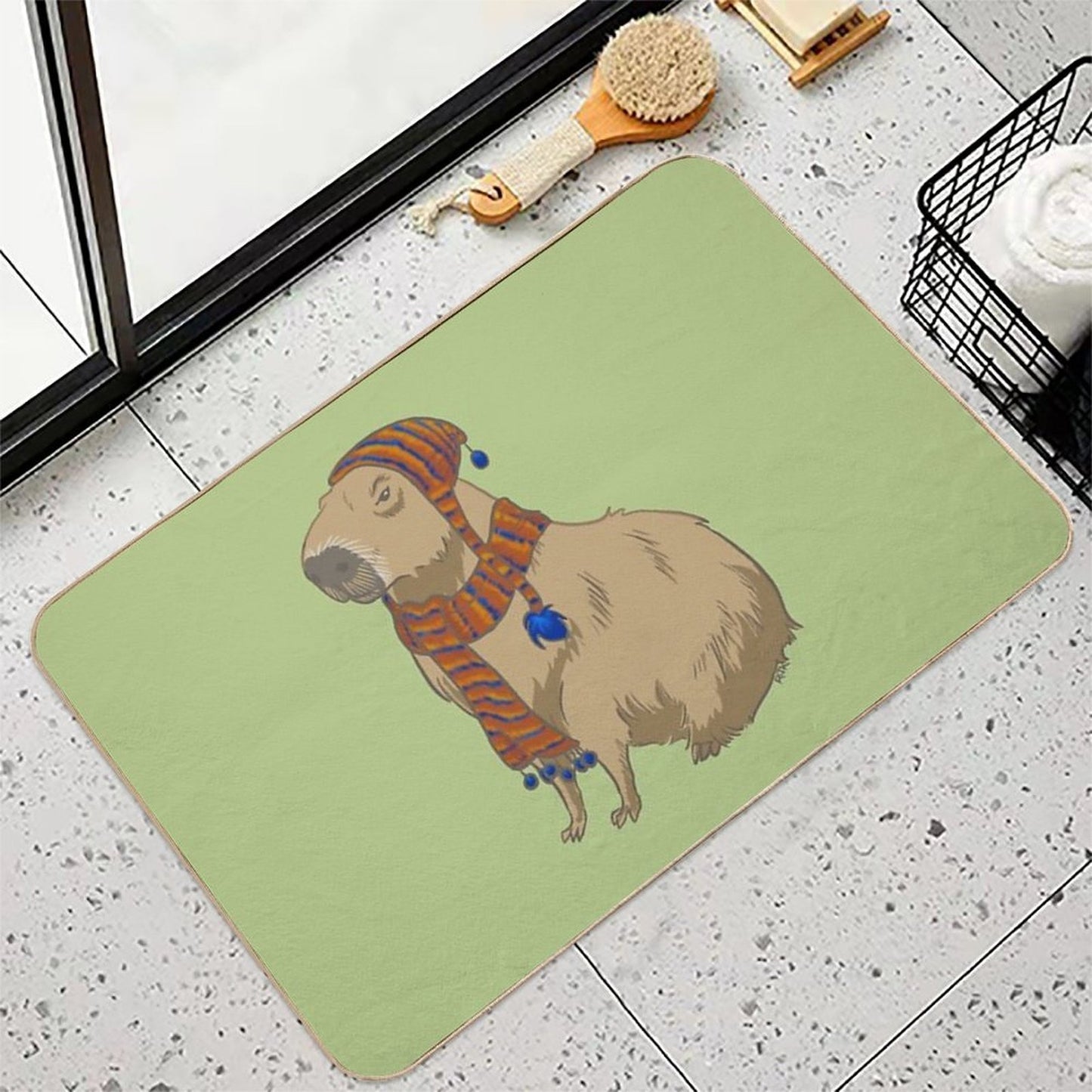 Anime-style Capybara Just Sitting There with Hat And Scarf Anti-Trip Bath Mat