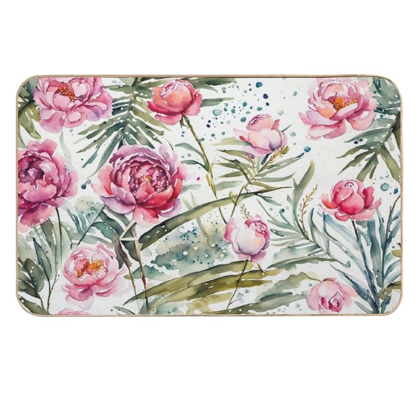 Beautiful Flower And Plant in Loose Watercolor Painting - Monstera Leaves. Peony And Rose Flowers in Soft Pastel Color Odorless Bath Mat