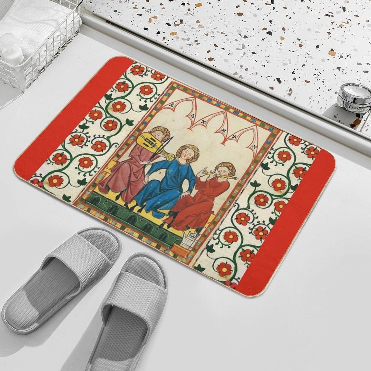 MEDIEVAL MUSIC AND MUSICIANS ,ANTIQUE MINIATURE WITH WILD ROSES Stain-Proof Bath Mat