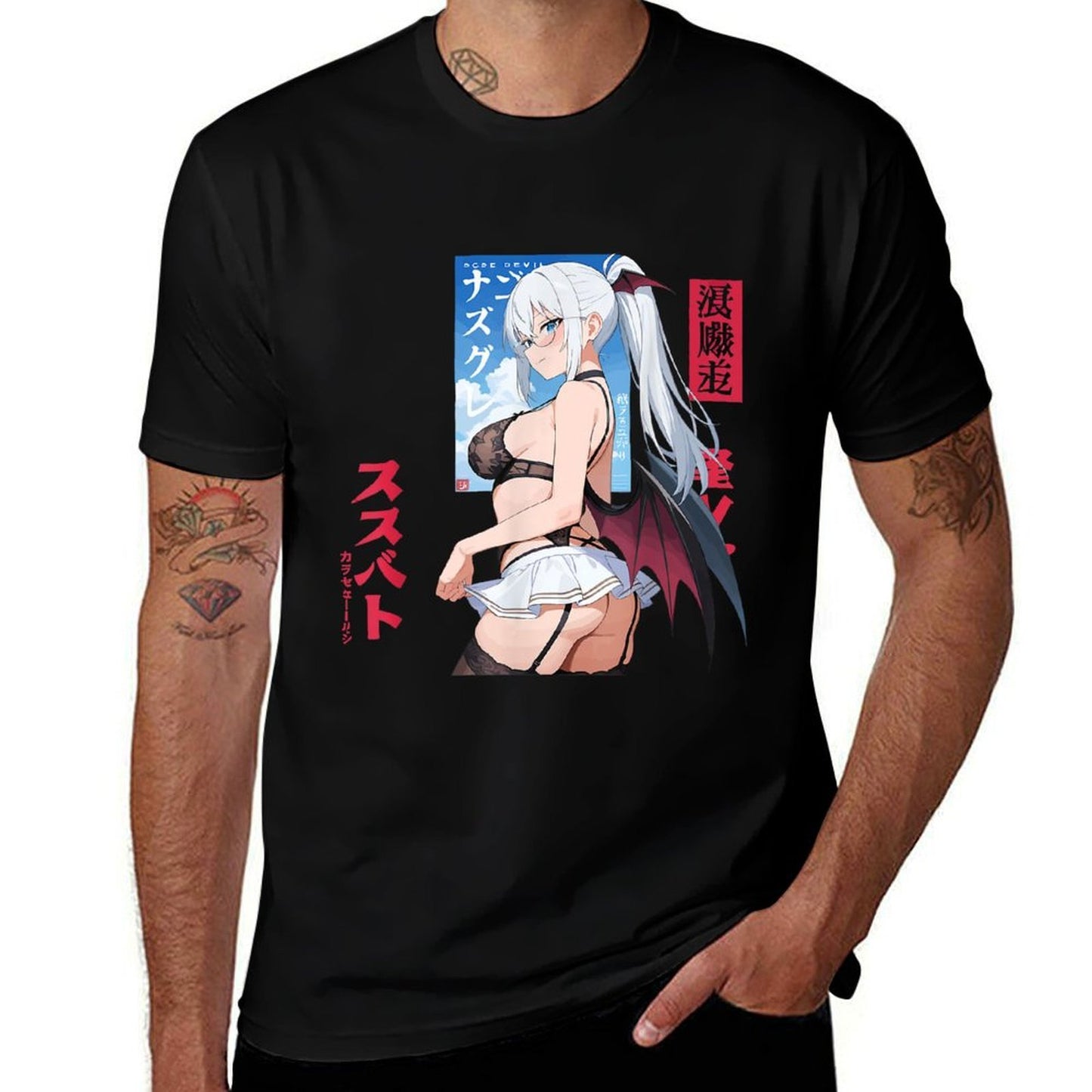Waifu Sexy Anime Girl Angel Devil Wings Japanese Art Heathered Texture T-Shirt