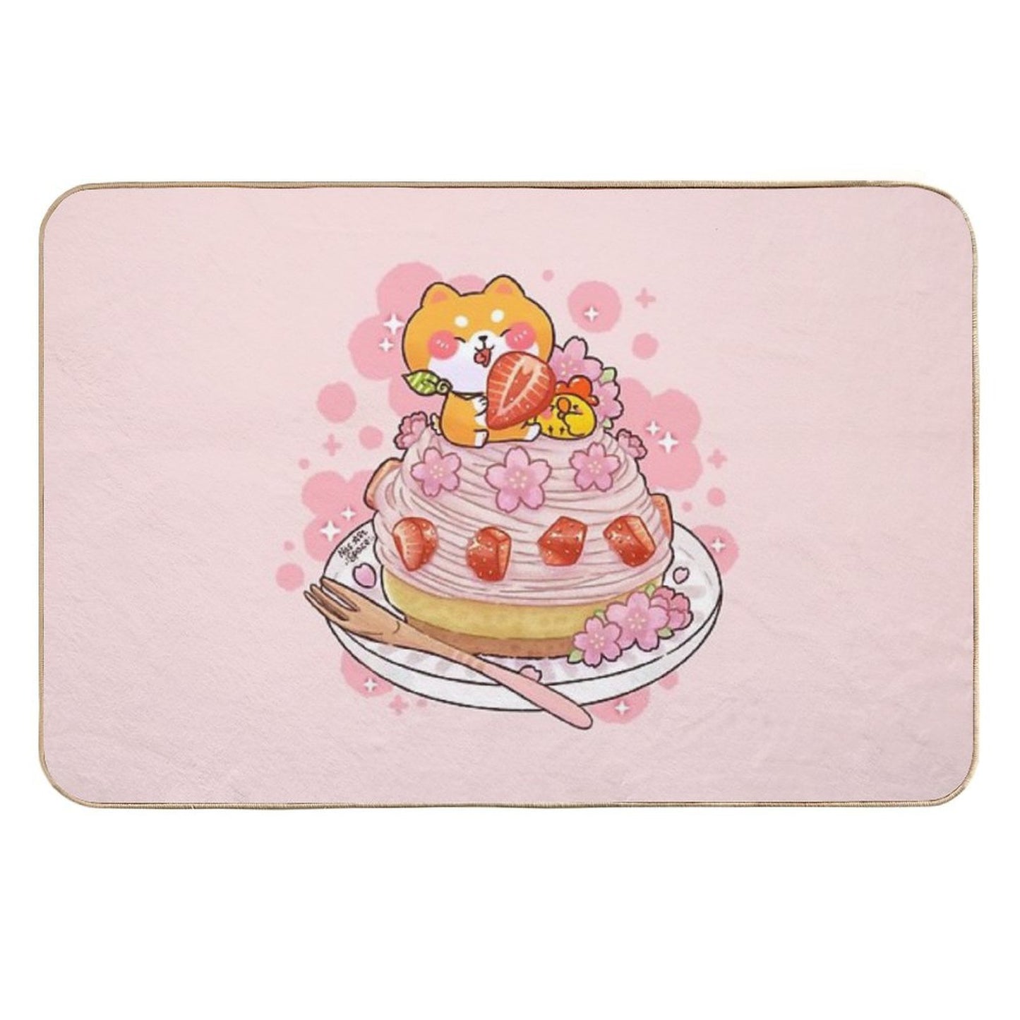 Cute Shiba Inu Sakura Mont Blanc Cake Fade-Resistant Bath Mat