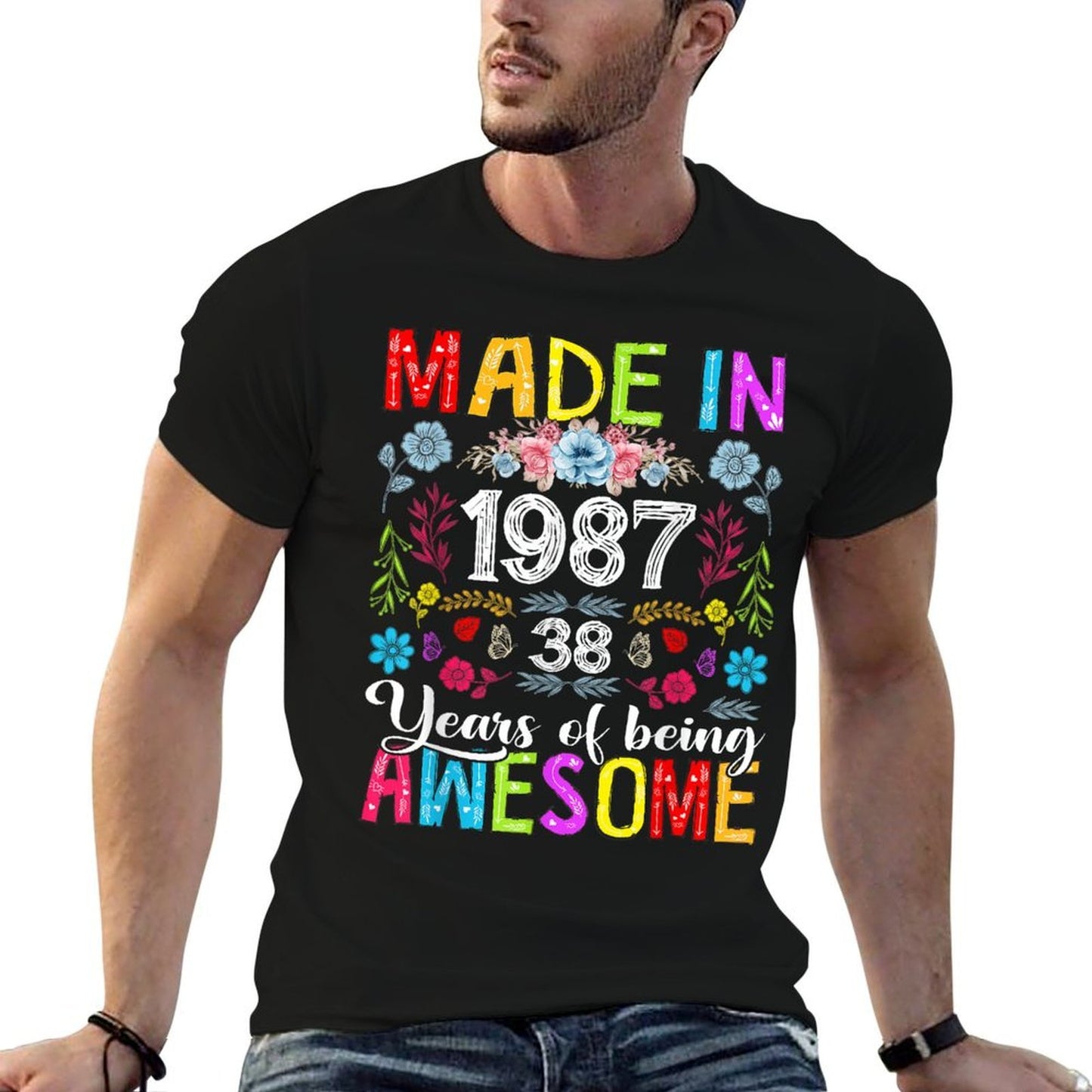 38 Years Old Made In 1987 Funny Floral 38th Birthday Women Wrinkle-resistant T-Shirt