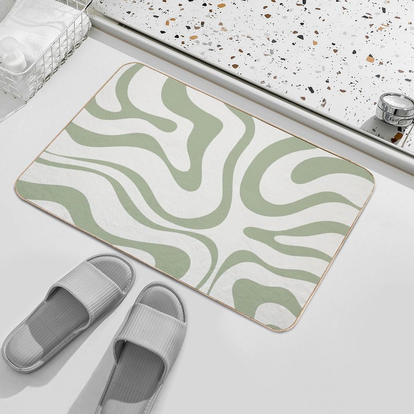 Modern Liquid Swirl Abstract Pattern in Sage Green Tones Non-Slip Bath Mat