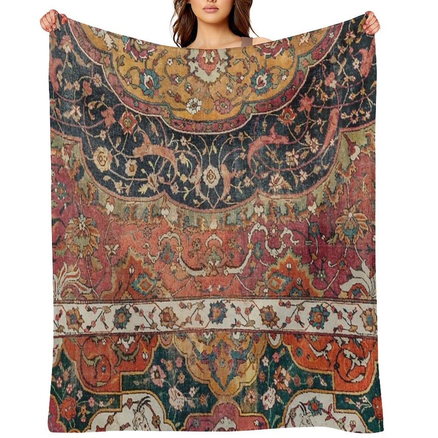 Persian Medallion Rug IX 16th Century Distressed Red Green Blue Flowery Colorful Ornate Pattern Quick-dry Throw Blanket