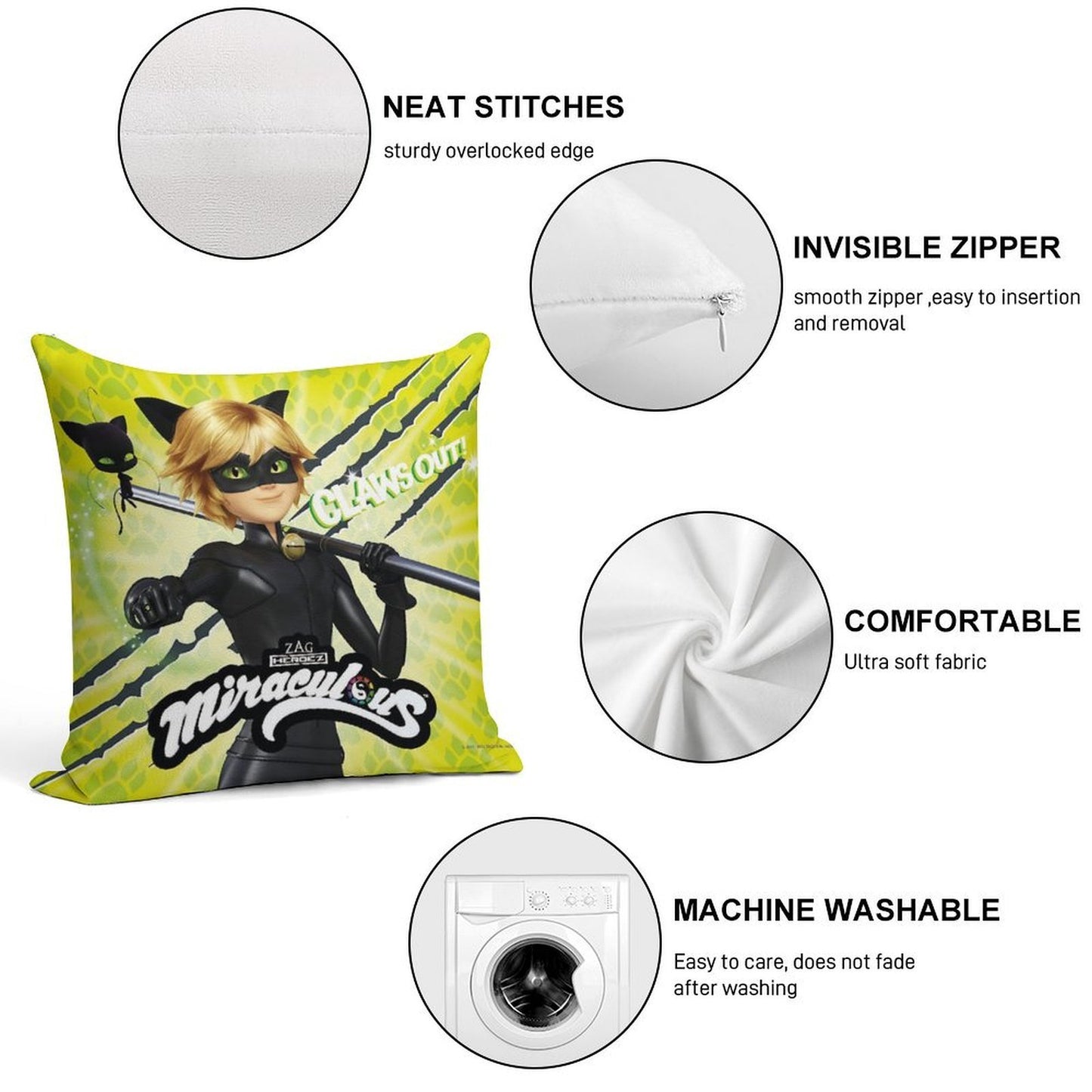 Miraculous Ladybug - Character Focus Cat Noir Claws Out Soft Skin-Friendly Throw Pillow