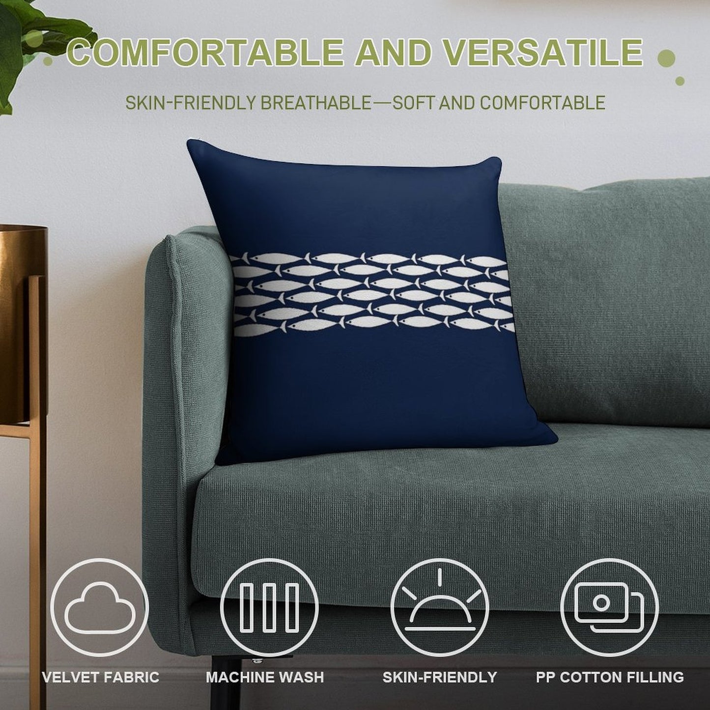 Fish Stripe 6 - Minimalist Midcentury Modern Fish in White And Nautical Navy Blue Soft Skin-Friendly Throw Pillow