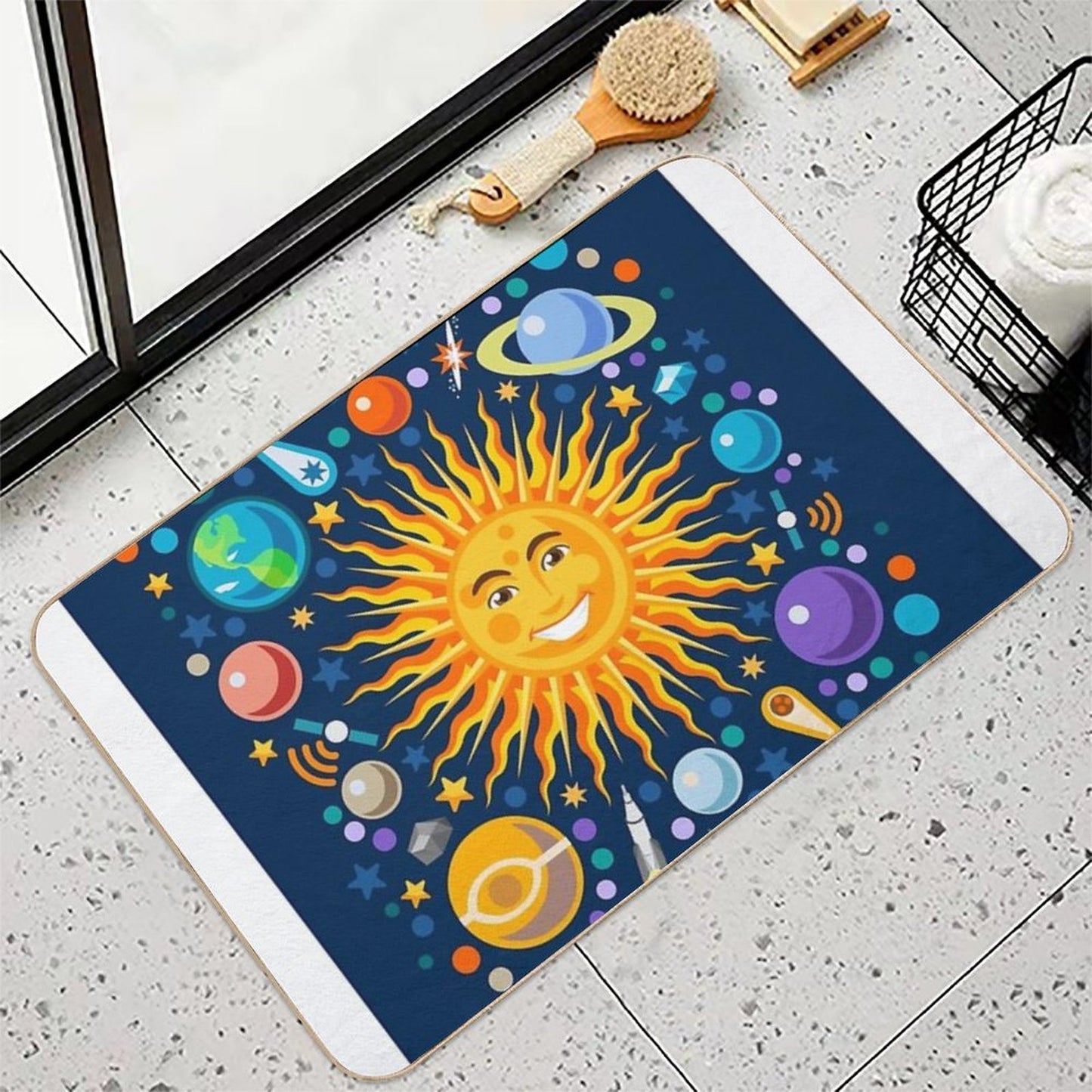 Solar System Smiling Sun Universe Easy Maintenance Bath Mat
