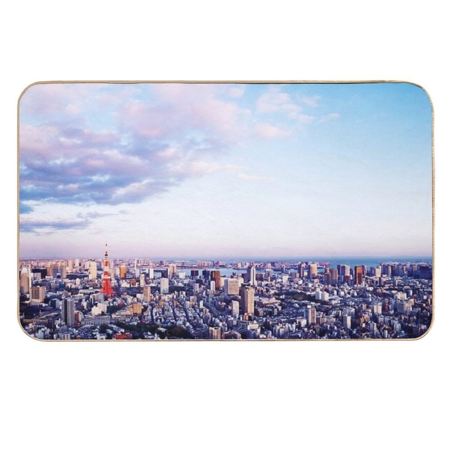 Tokyo Tower in Beautiful Aerial Scenery Tokyo City Under Vast Blue Sky Art Photo Print Stain-Proof Bath Mat
