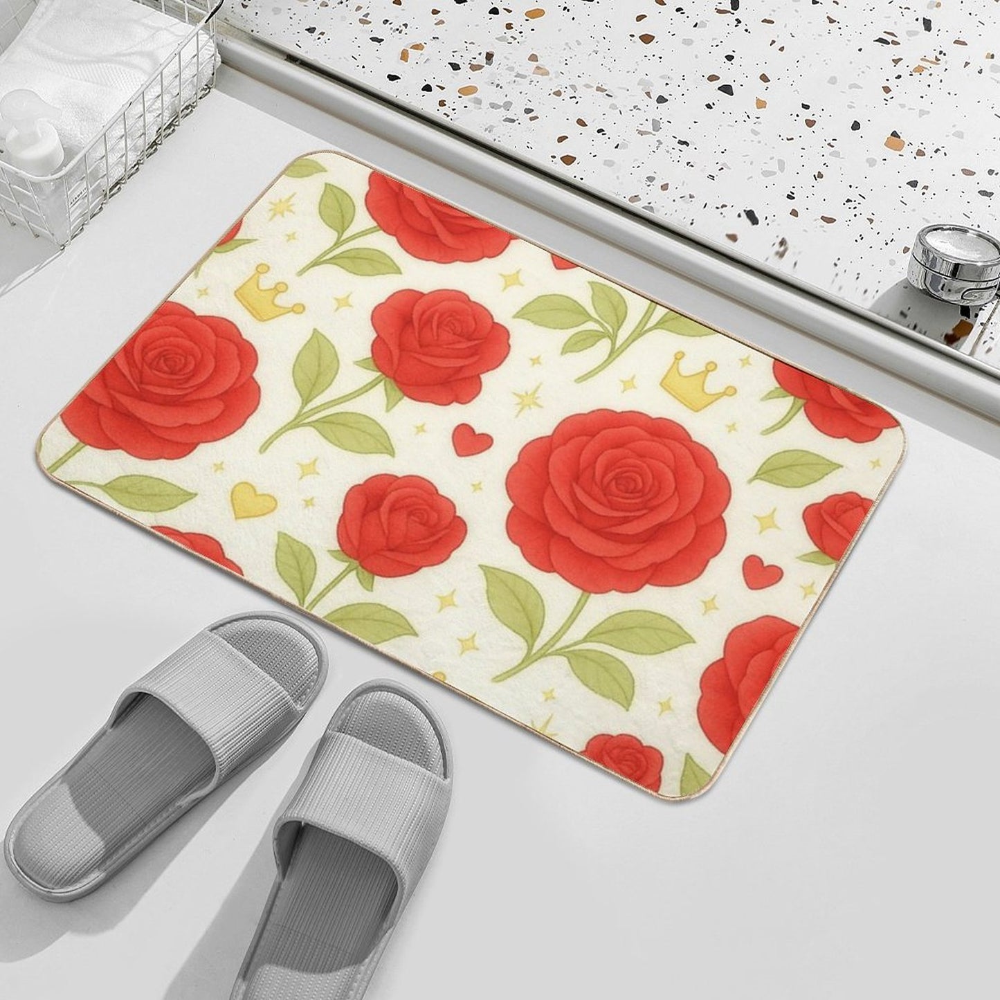 Royal Bloom – Elegant Rose Pattern (Red) Himekari Collection Slip-Resistant Bath Mat