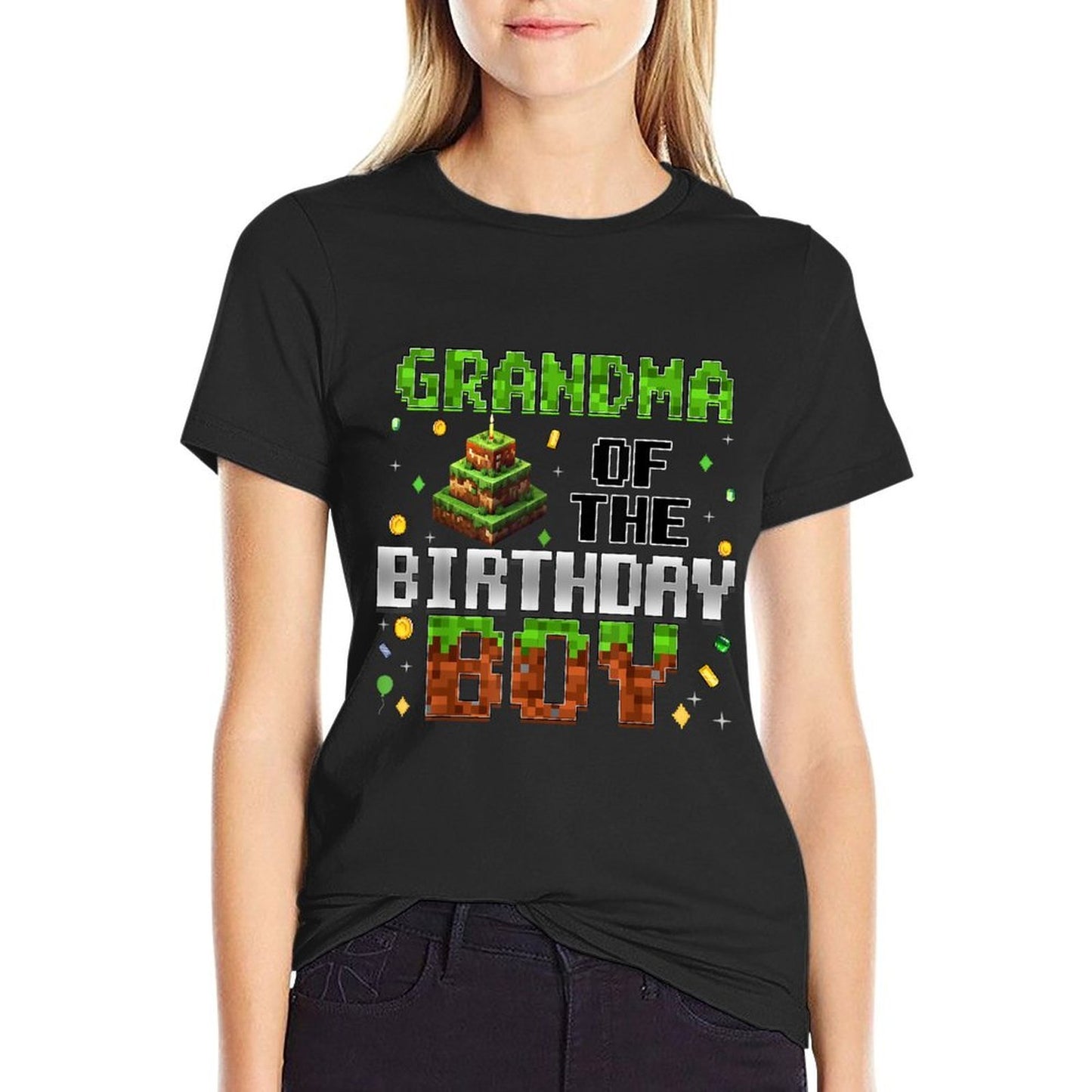 Grandma Of The Birthday Boy Matching Family Bday Pixel Party Stretchy T-Shirt