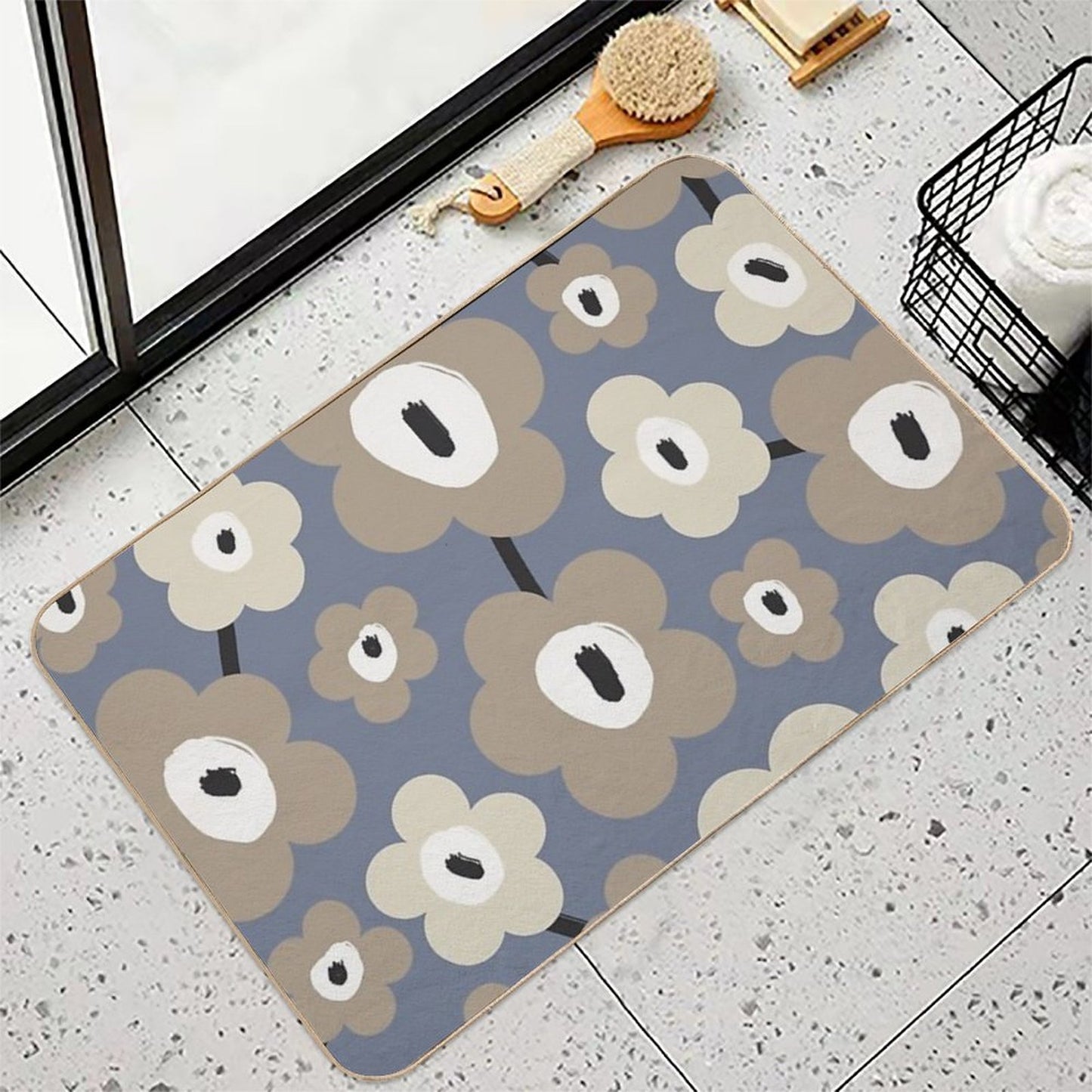 Unique Scandinavian Floral Pattern in Gray, Blue And Beige Odorless Bath Mat