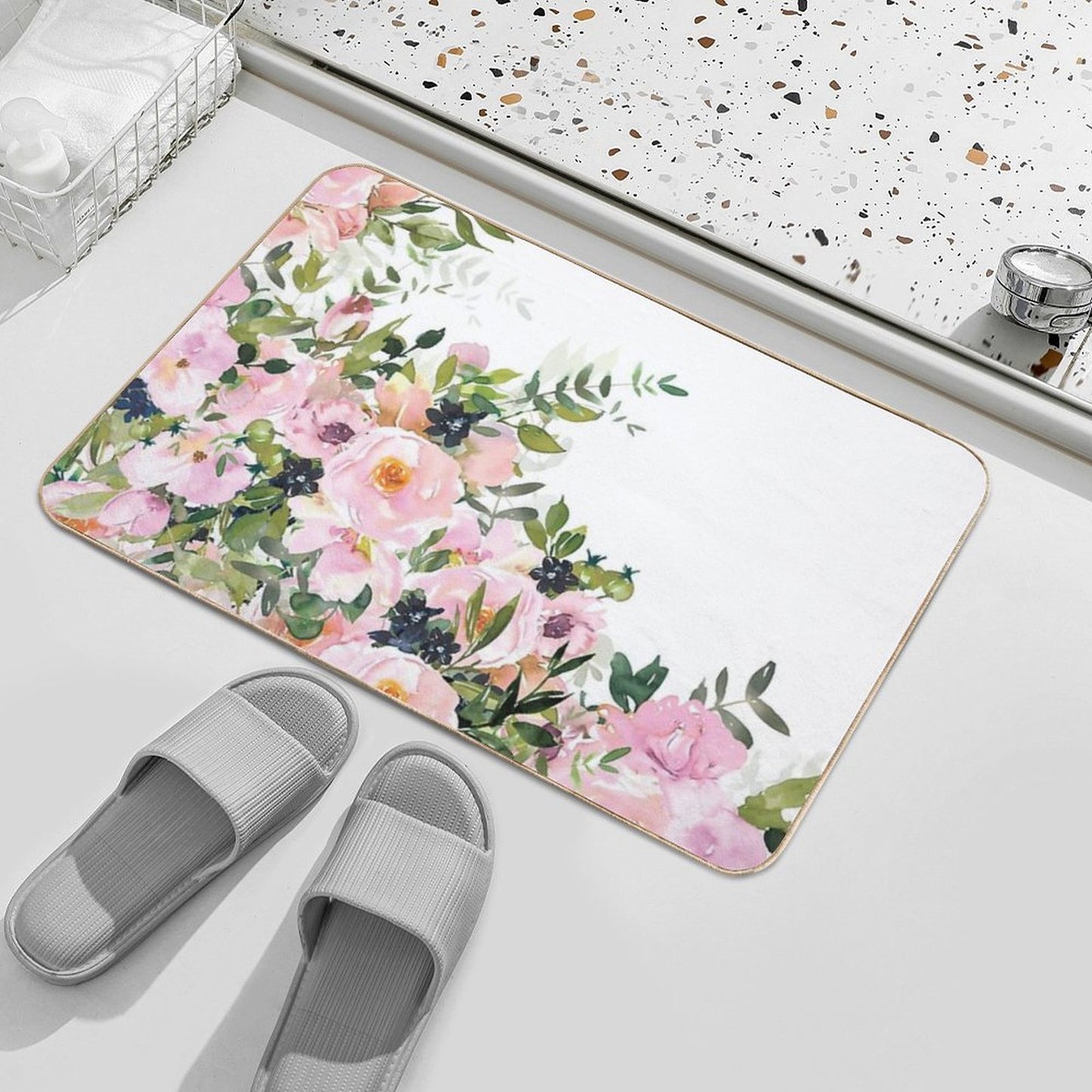 Boho, Floral Watercolor Roses, Pink, White And Green Non-Slip Bath Mat