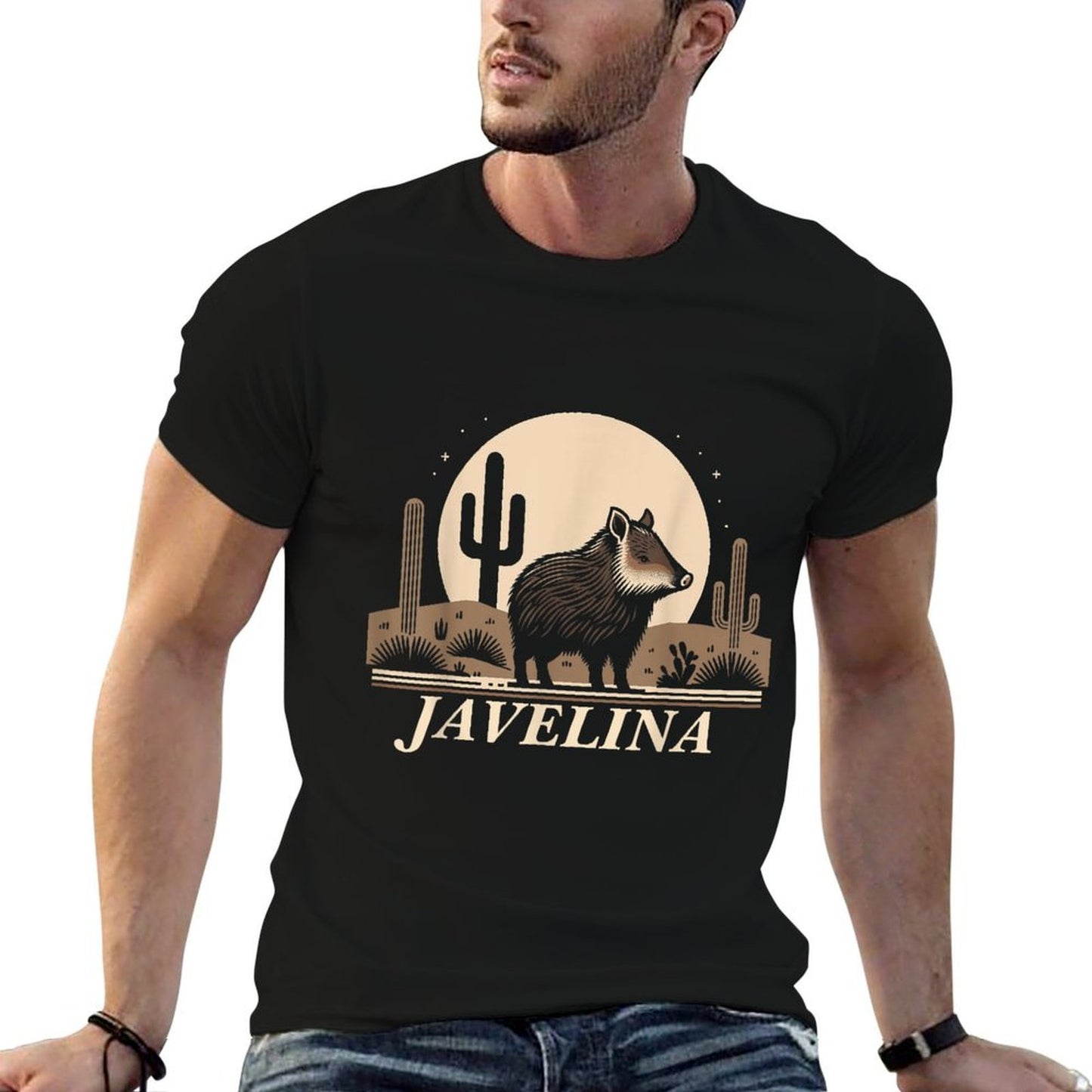 Javelina in Desert Landscape, Javelina Polyester Blend T-Shirt