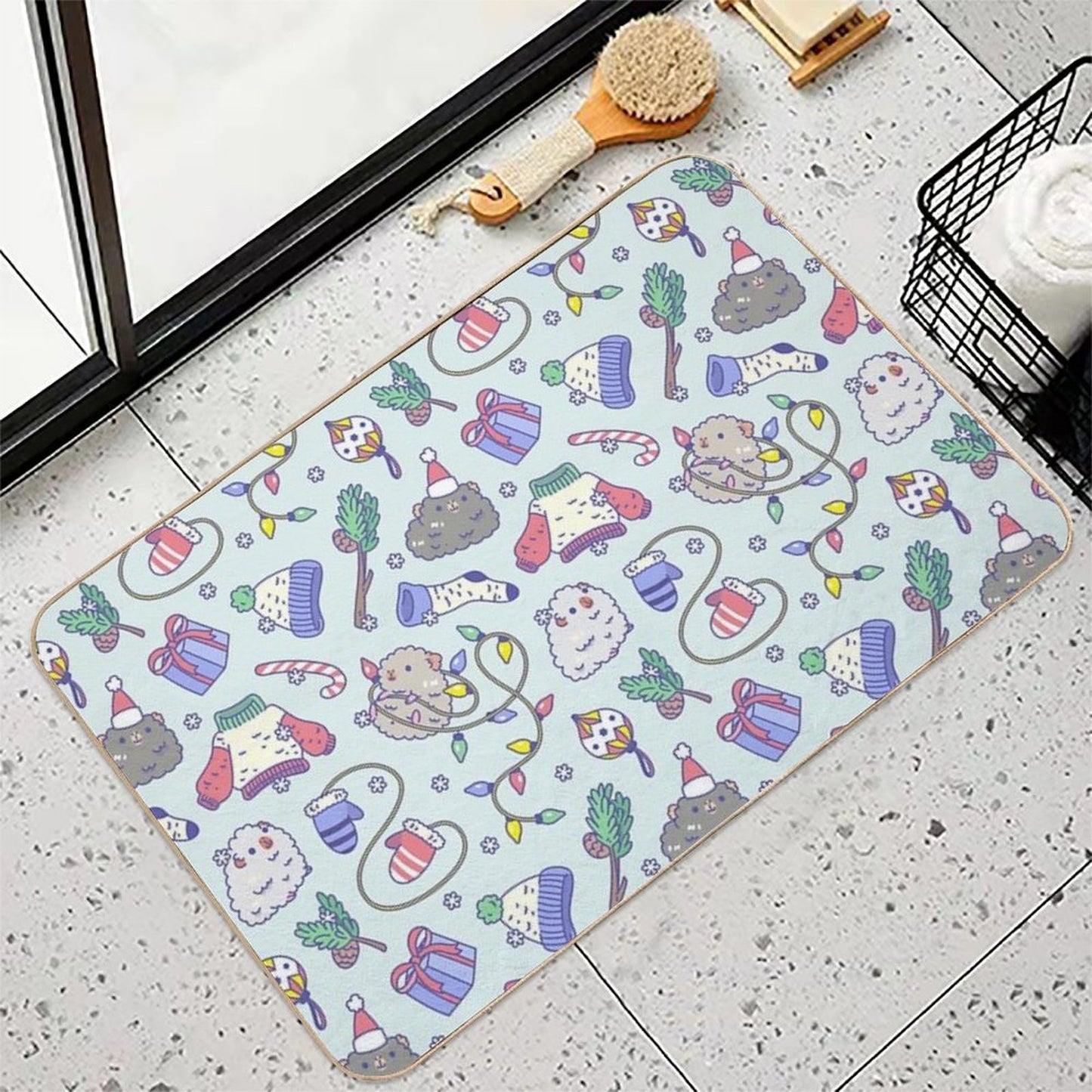 Teddy Guinea Pigs Christmas Patten in Mint Green Background Absorbent Bath Mat