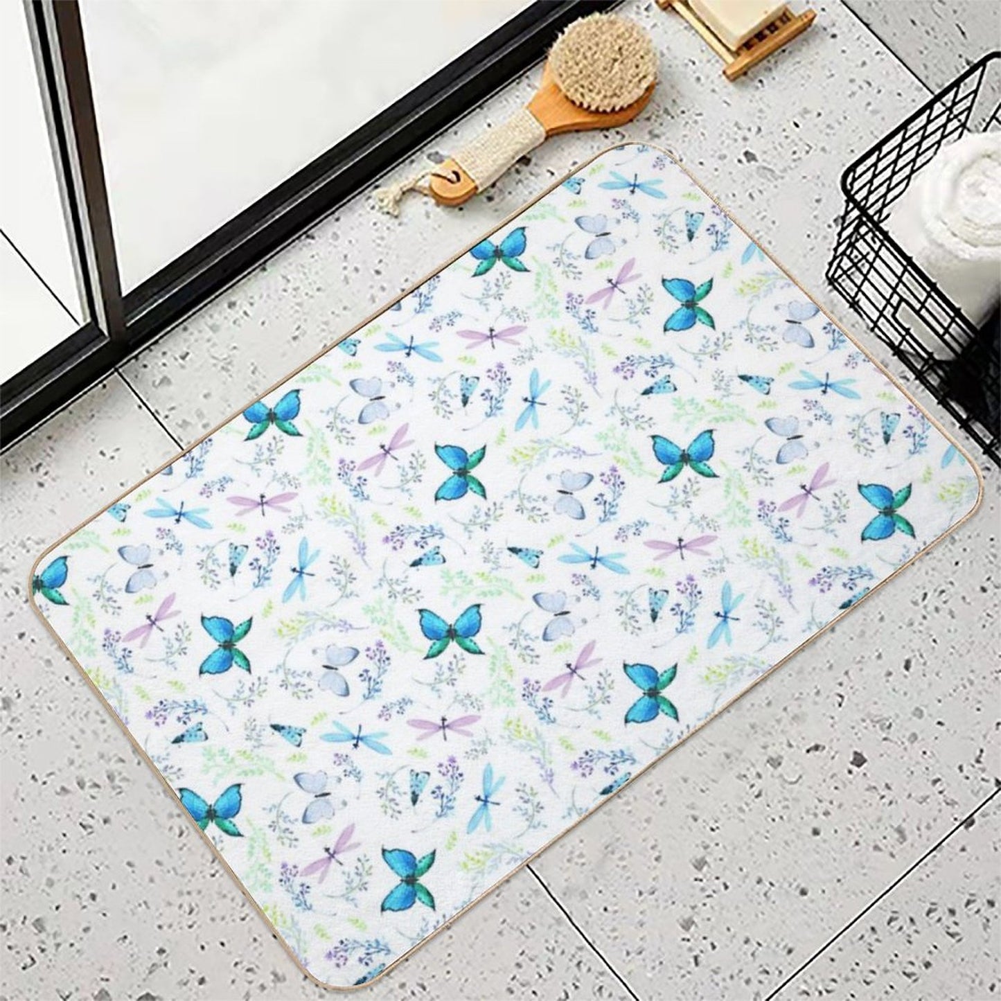 Watercolor Seamless Pattern Butterflies And Dragonflies Easy Maintenance Bath Mat