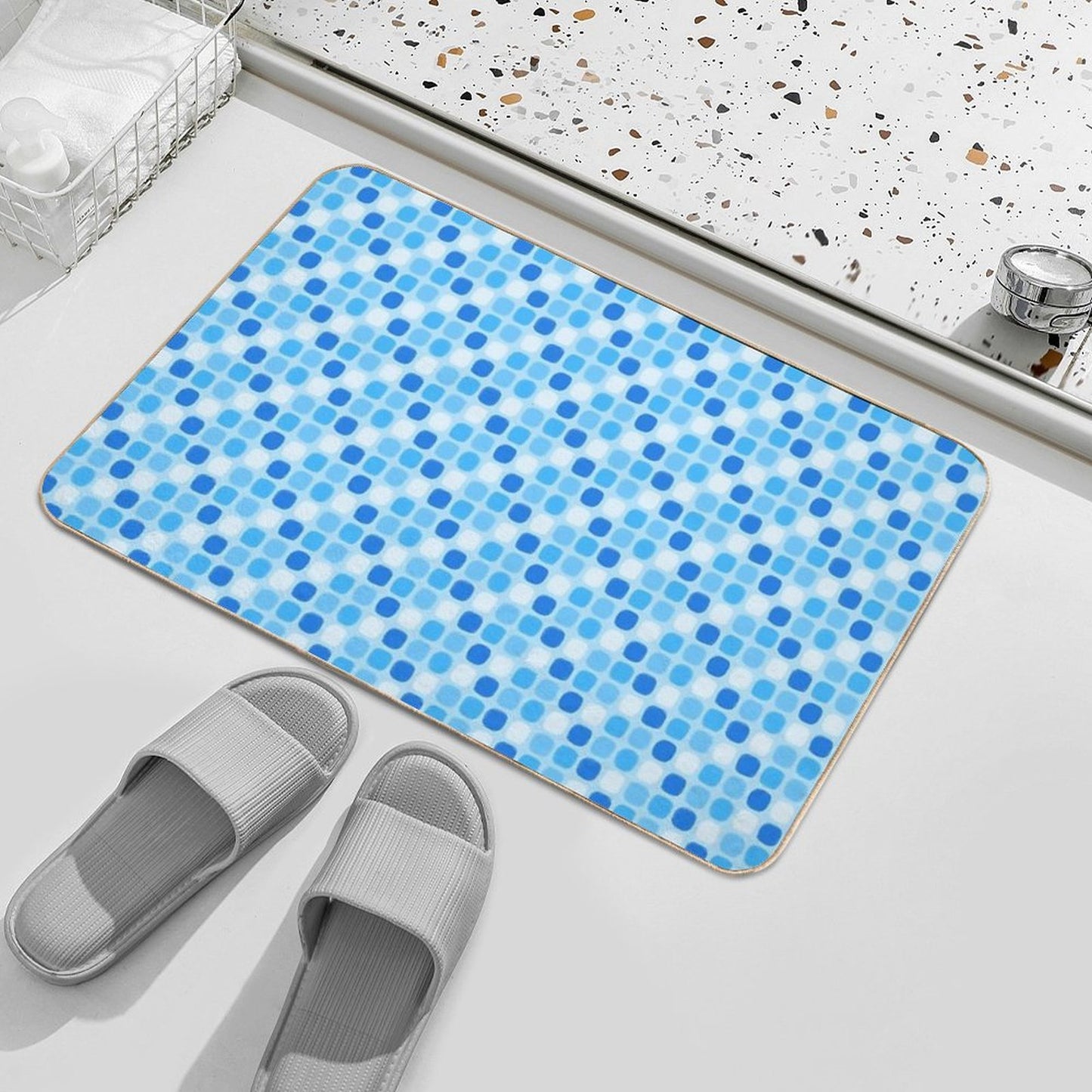 Simple Design - Blue Square Pattern Slip-Resistant Bath Mat