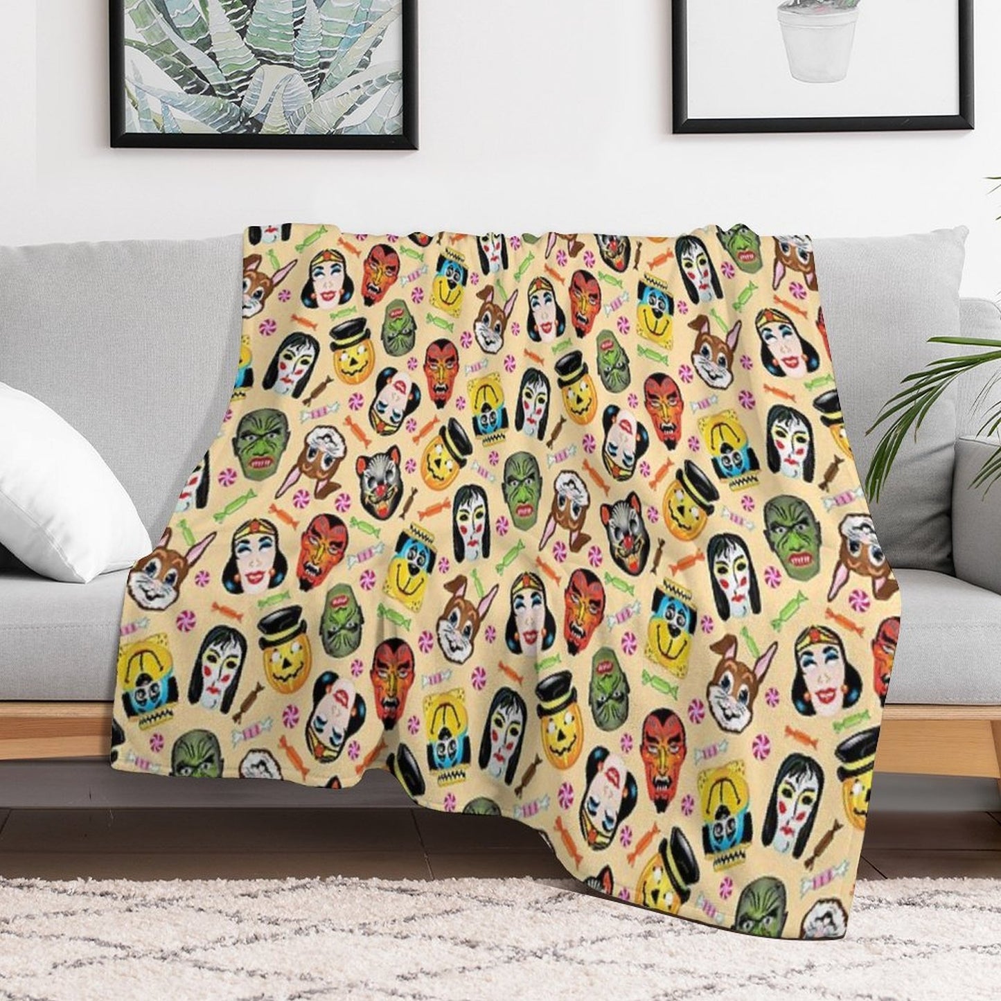 Vintage Halloween Masks And Hard Candy Sustainable Throw Blanket