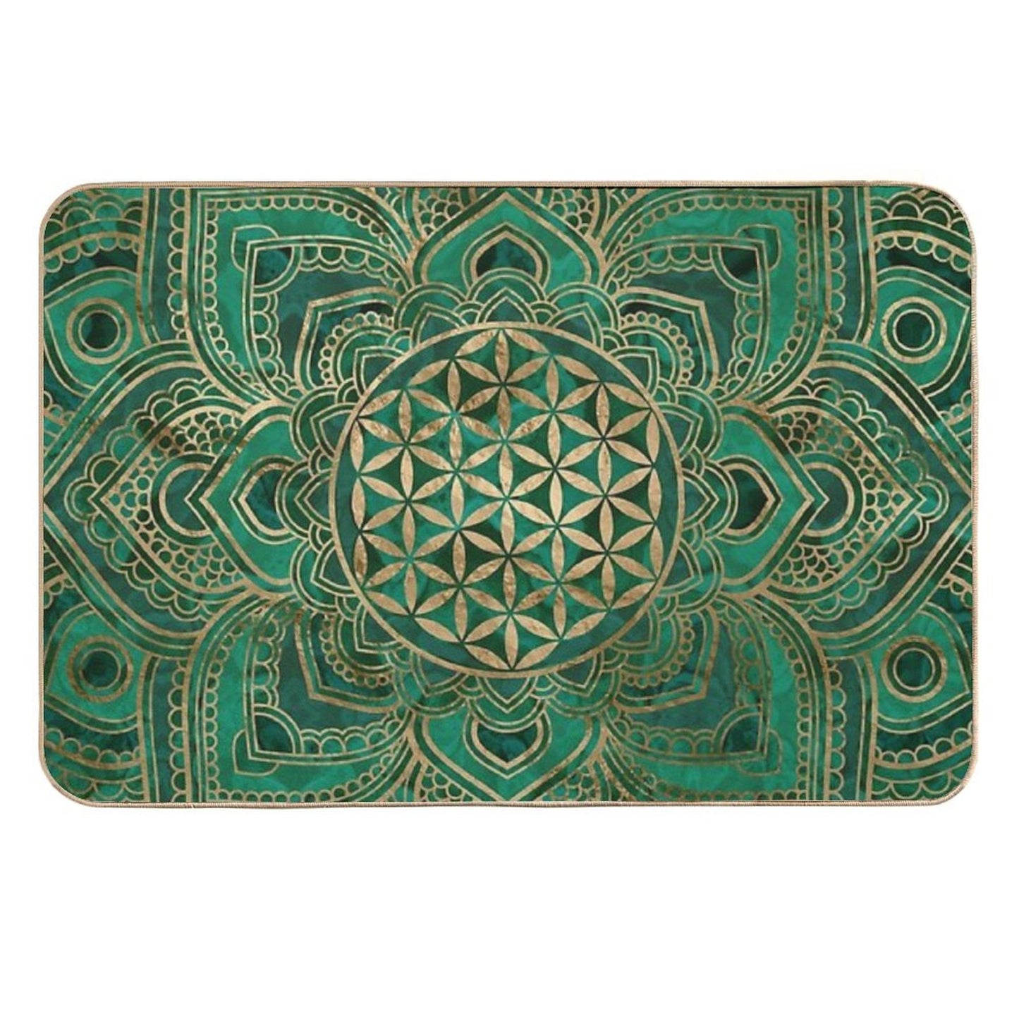 Flower of Life in Lotus - Malachite And Gold Anti-Trip Bath Mat