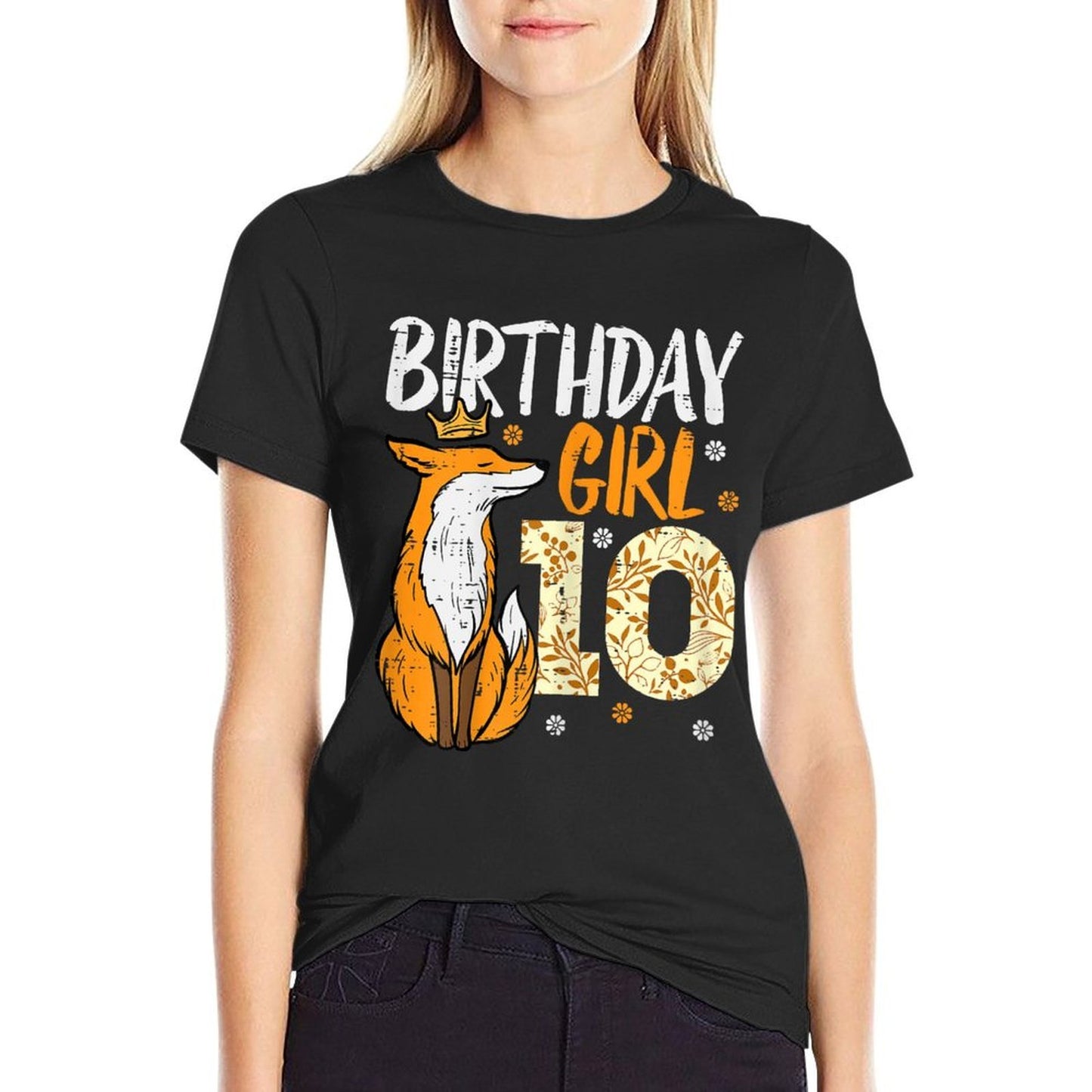 Birthday Girl 10 Fox Crown 10th Bday Party Animal Girls Kids Rolled Sleeves T-Shirt