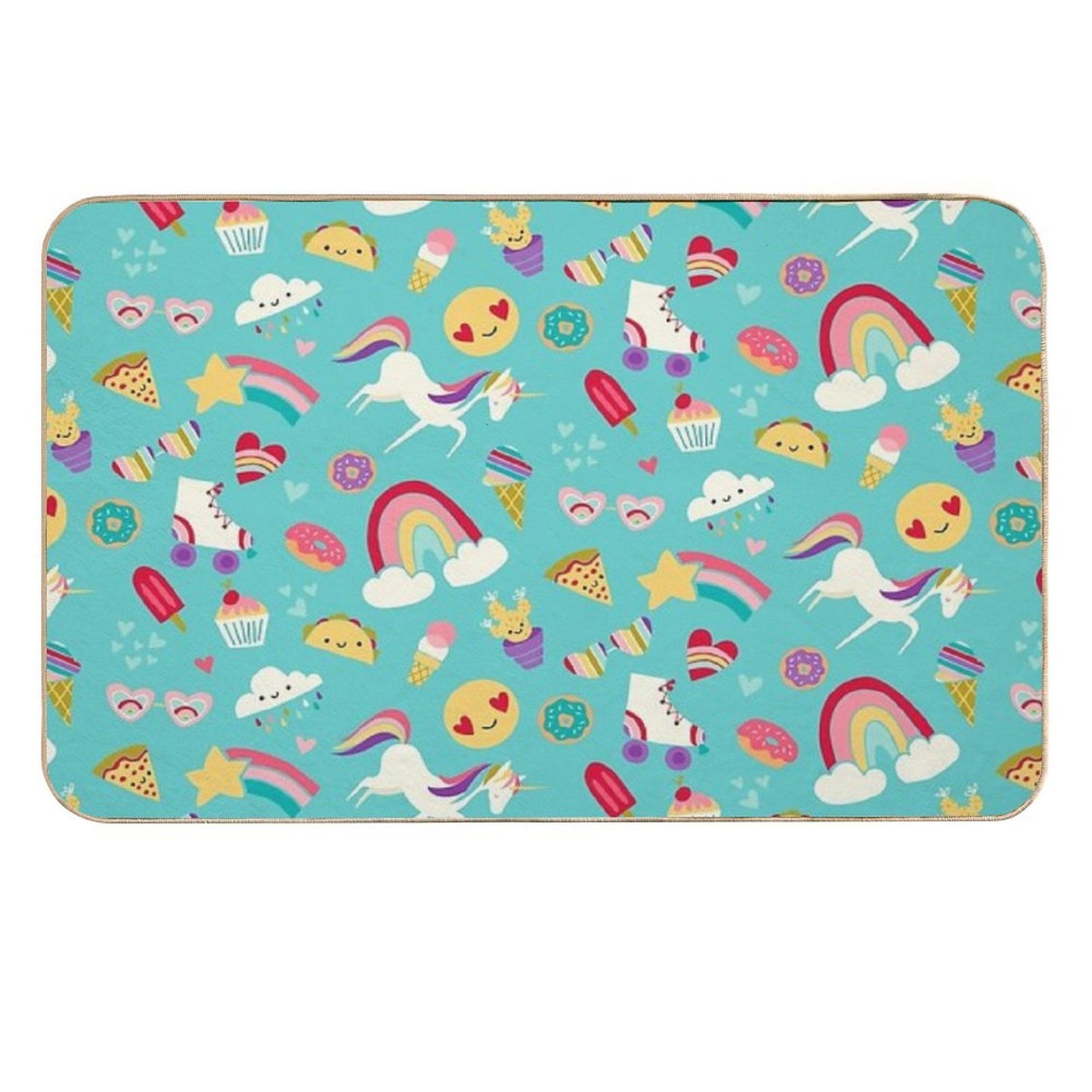 Tween Girl Icons Rainbows Emojis Unicorns Roller Skates Pet-Safe Bath Mat