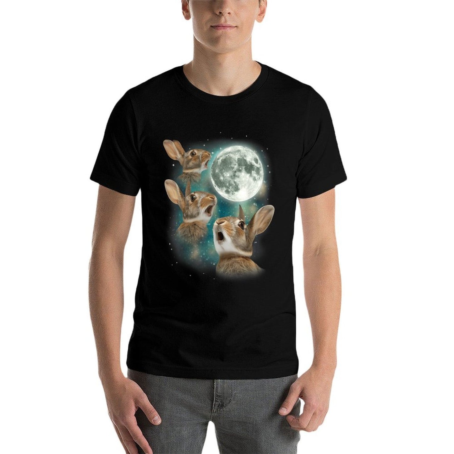 Three Bunny Moon 3 Rabbit Meme Humorous Cute Wildlife High-quality Stitching T-Shirt