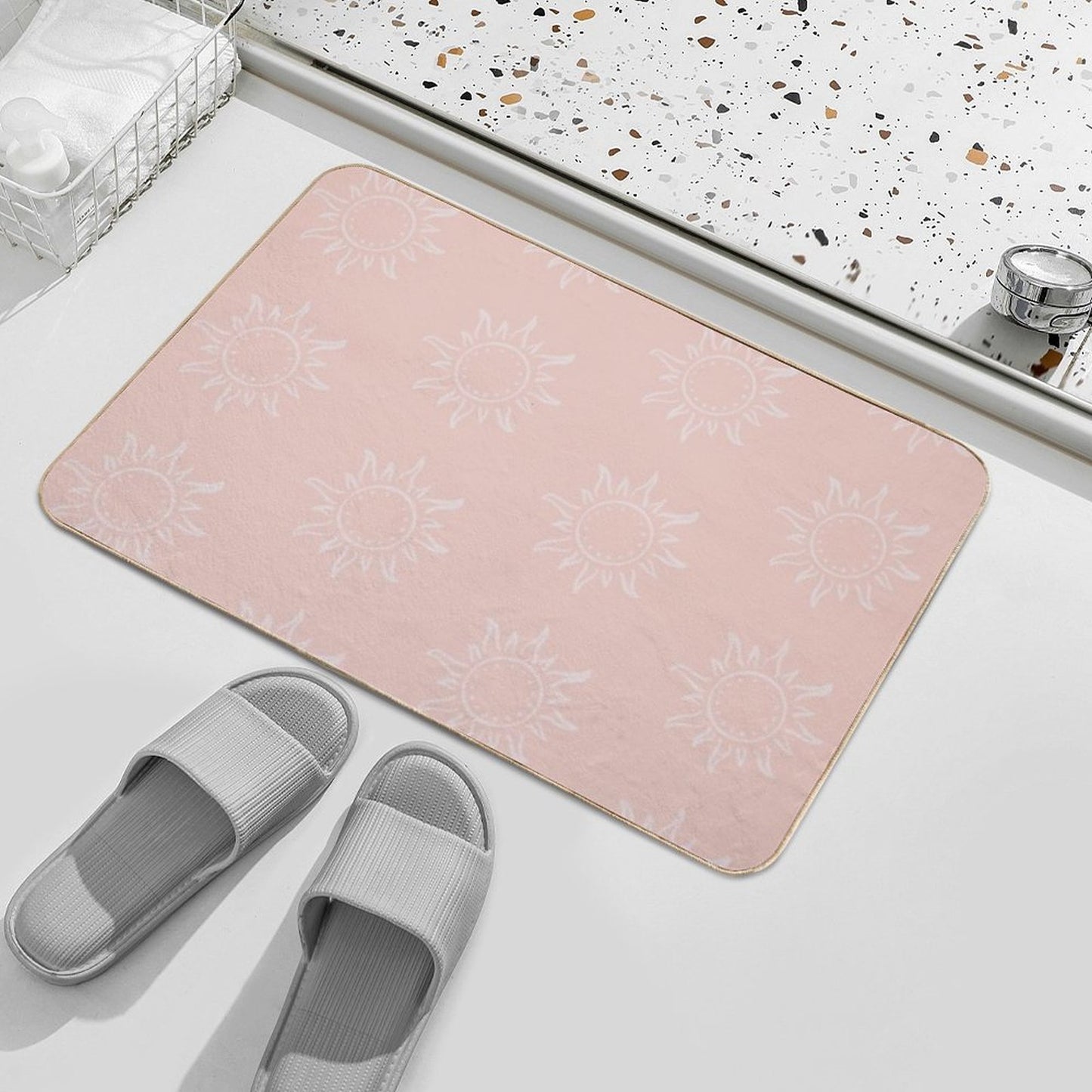 Cute Boho Sun Pattern Bohemian Aesthetic In Muted Colors Coral Pink Anti-Trip Bath Mat