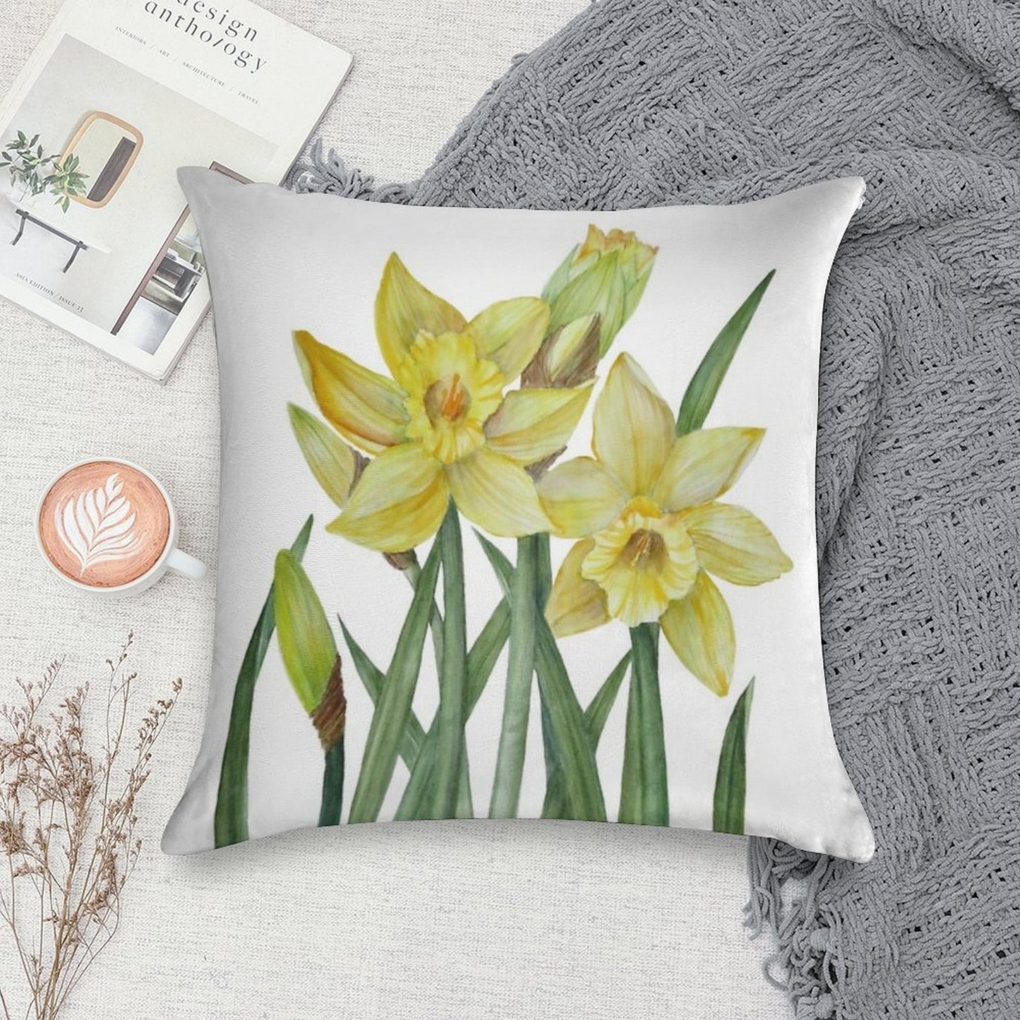 Watercolour Daffodils Botanical Illustration Soft Multiple Sizes Throw Pillow