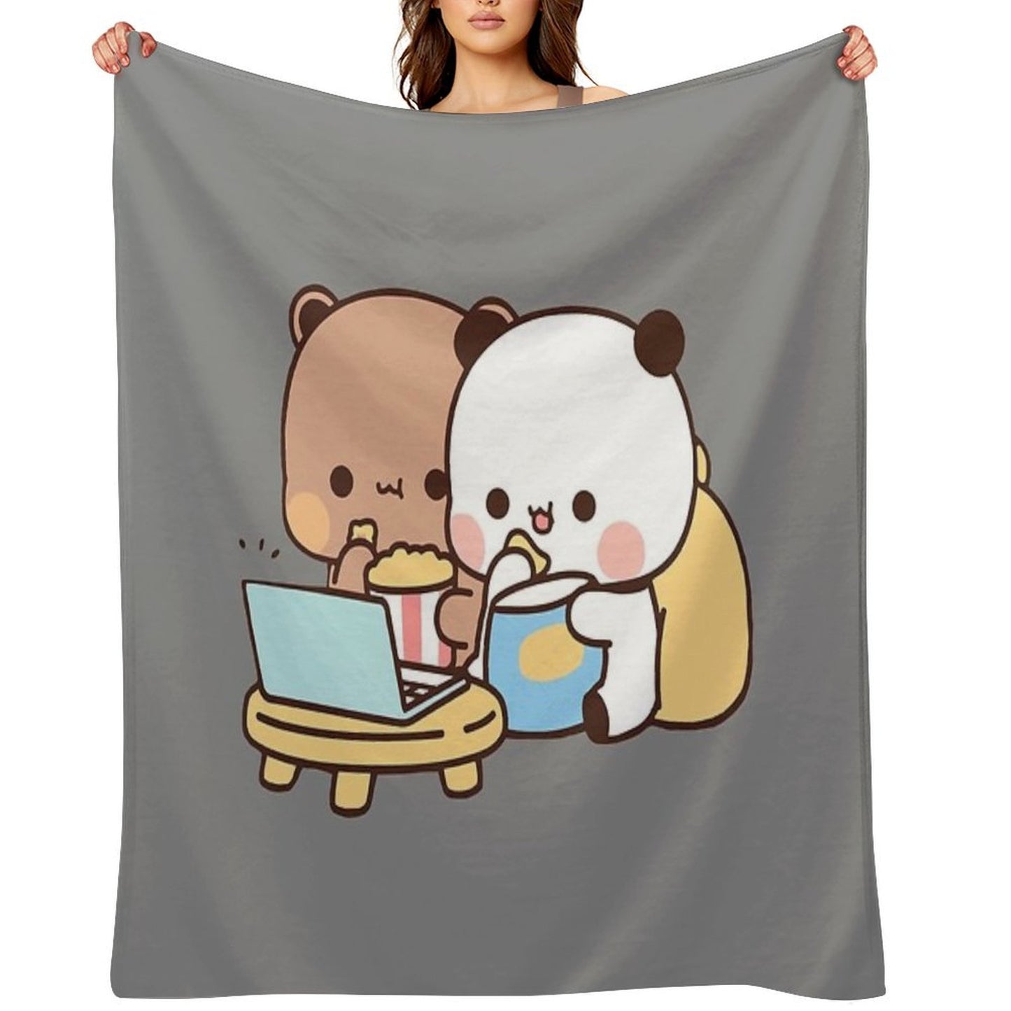 DuDu Bear And BuBu Panda Watching Movie Together❤️ Machine-washable Throw Blanket