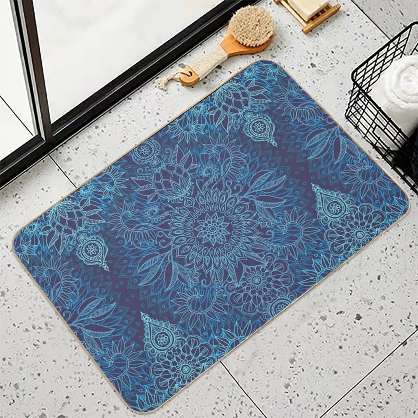 Aqua, Cobalt Blue & Purple Protea Doodle Pattern Repositionable Bath Mat