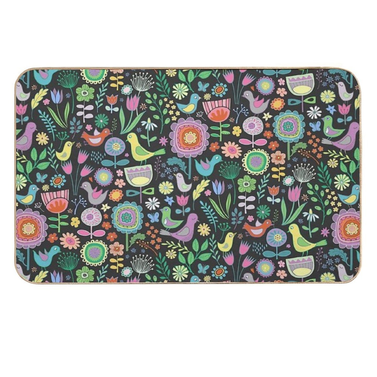 Birds And Blooms - Pastels on Black - Pretty Floral Bird Pattern by Cecca Designs Slip-Resistant Bath Mat