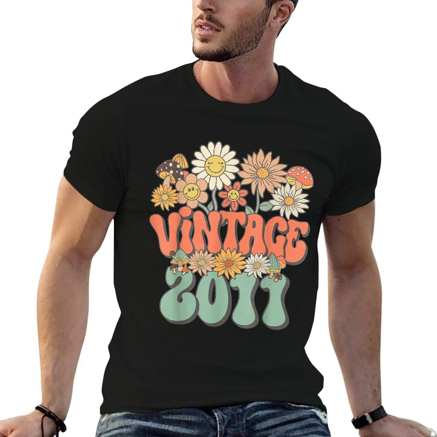 Vintage 2011 Floral Hippie Groovy Daisy Flower 14th Birthday Ribbed Collar T-Shirt