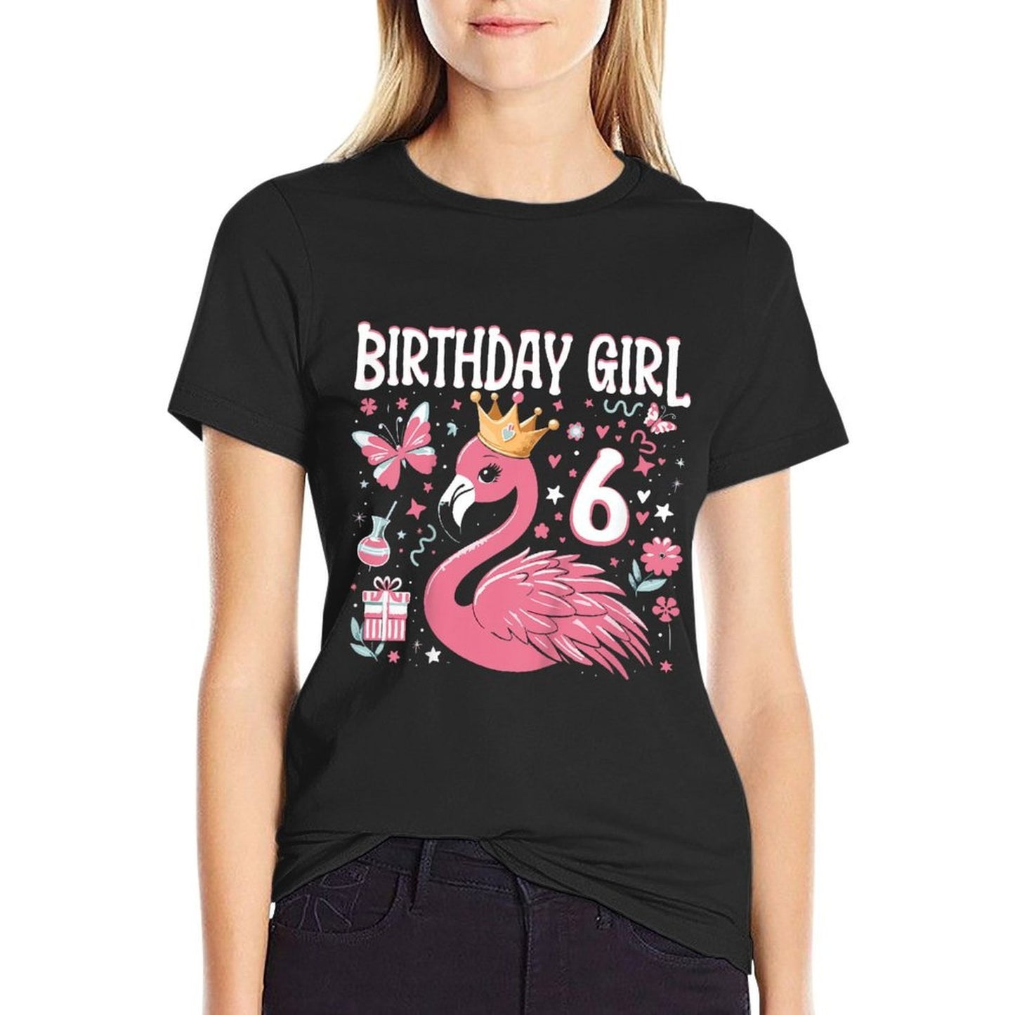 Kids 6th Birthday Gift Flamingo Fan 6 Year Old Girls 6th Bday  Cotton T-Shirt