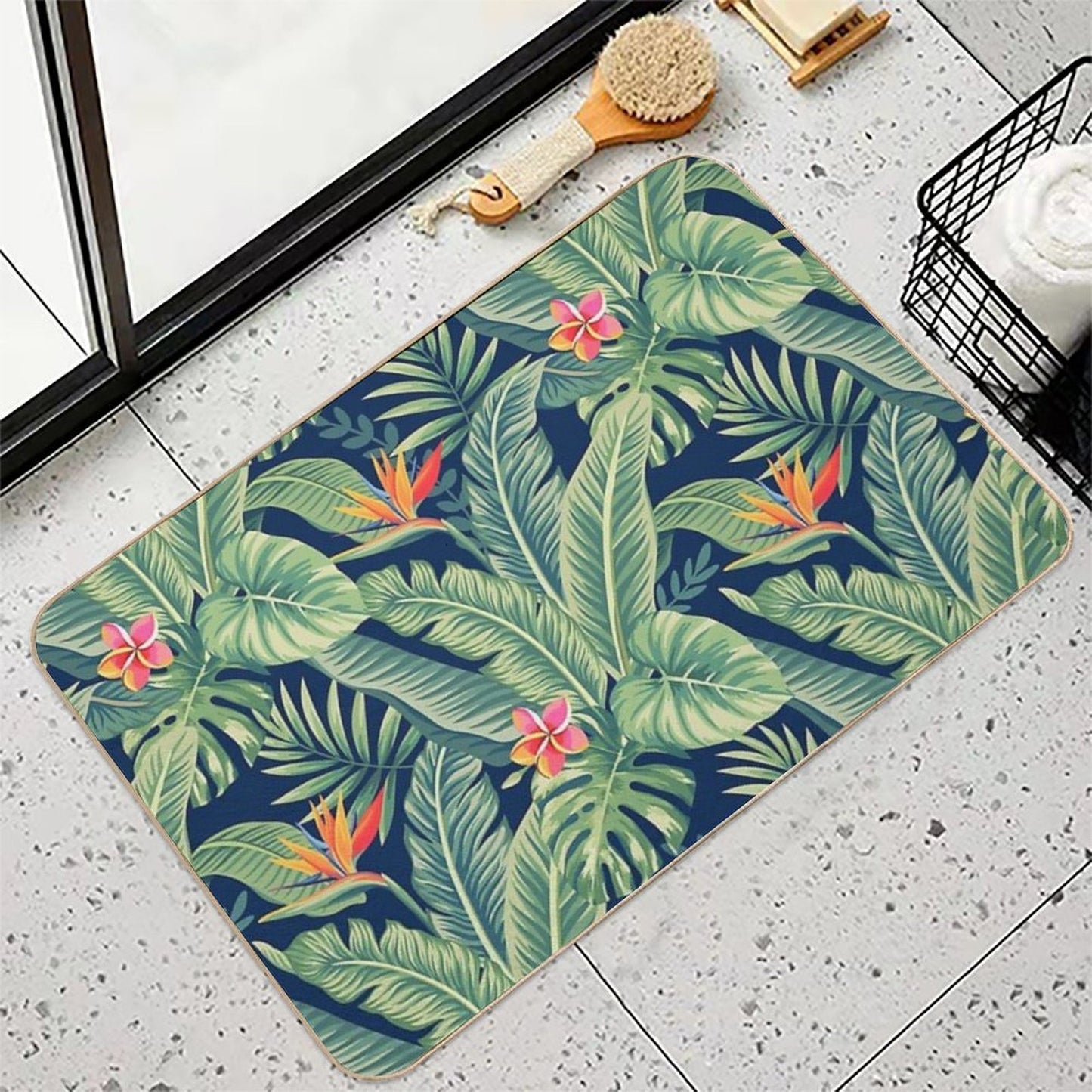 Tropical Banana Monstera Palm Leaves & Flowers Non-Slip Bath Mat