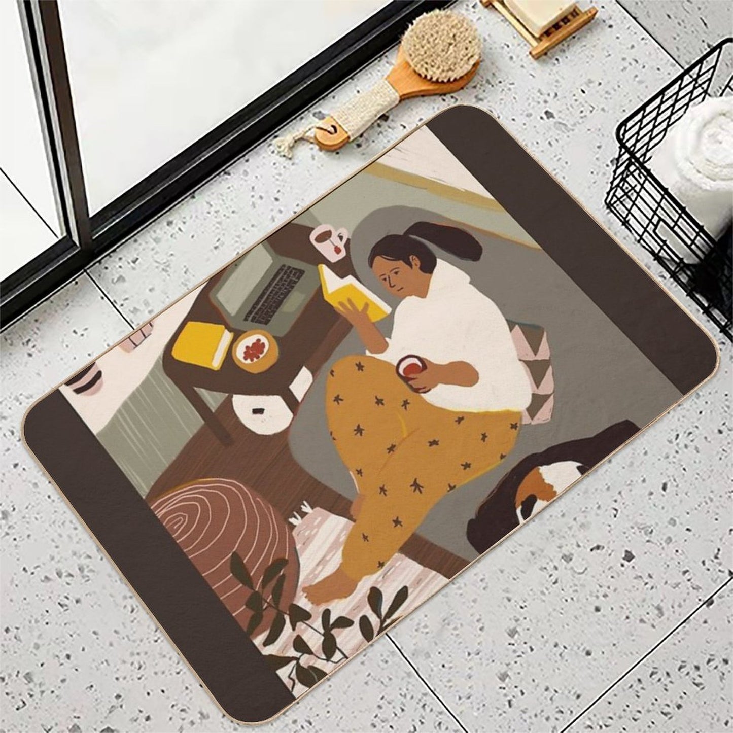 Girl Is Reading A Book at Cozy Home Interior with A Cat Anti-Trip Bath Mat