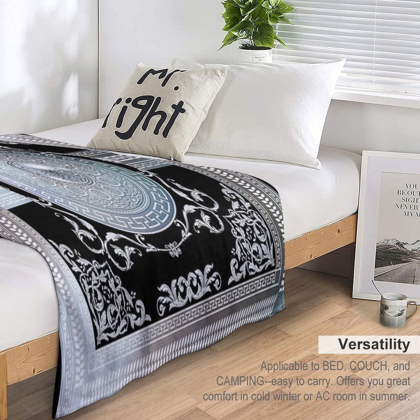 Ornate Baroque Metallic Blue Black Greek Meander All-season Throw Blanket